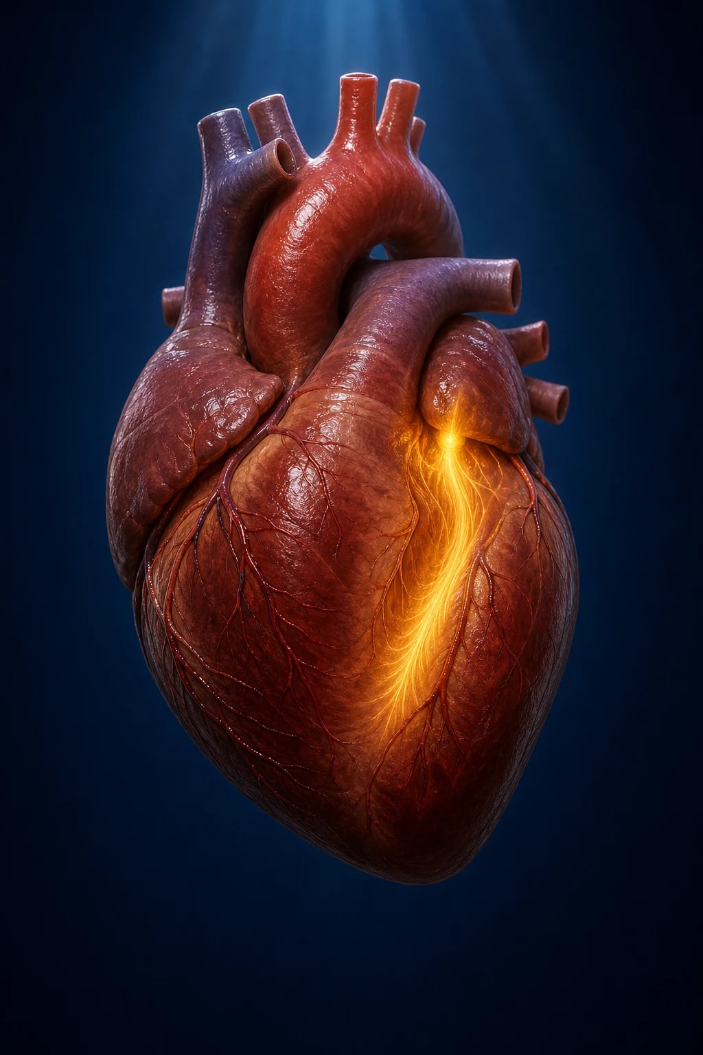 Anatomical illustration of the mitral valve apparatus showing leaflet prolapse and a systolic regurgitant jet from LV back into LA, with LA and LV enlargement