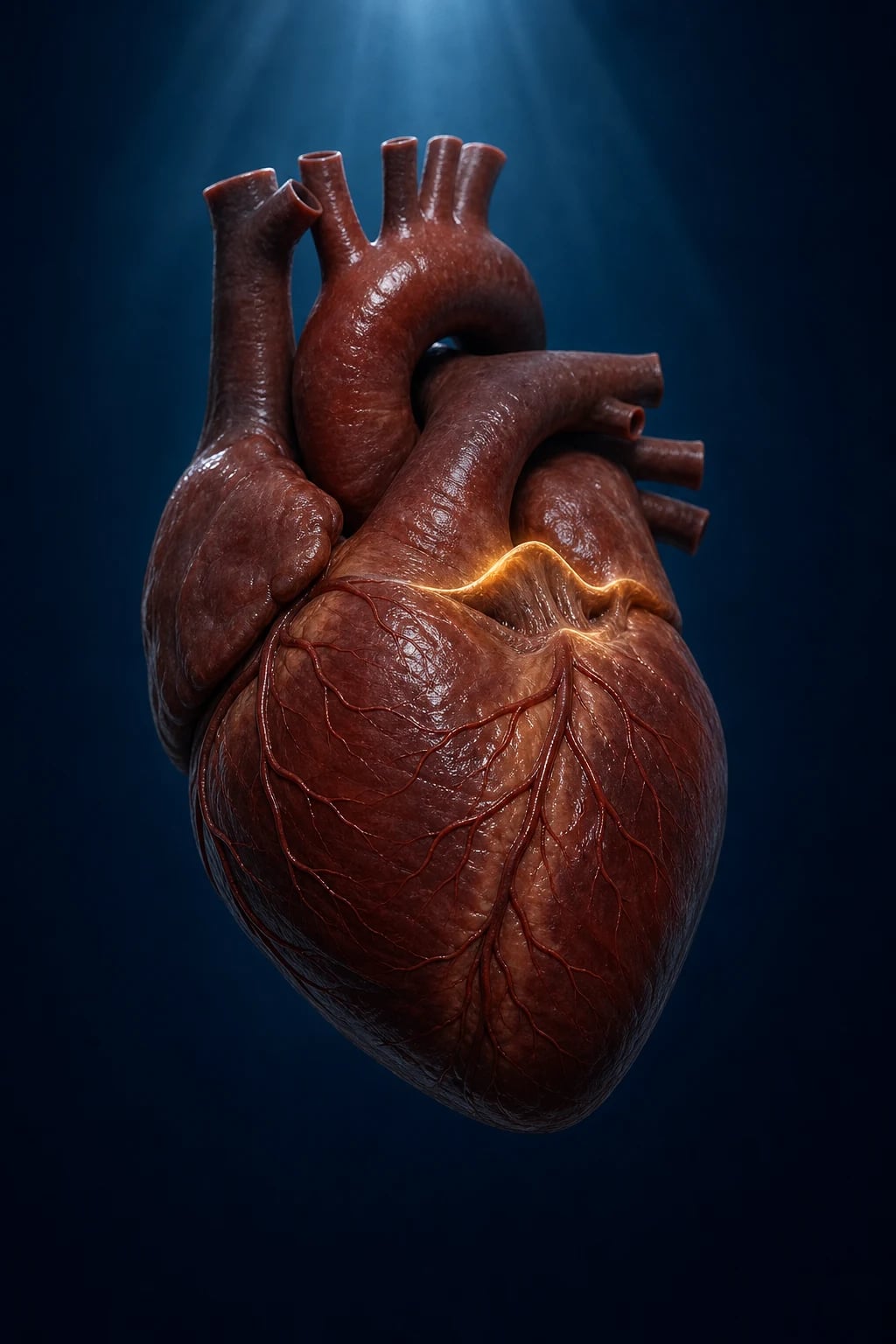 Cinematic 3D illustration of mitral valve prolapse showing the posterior mitral leaflet billowing above the plane of the mitral annulus into the left atrium during systole, with eccentric mitral regurgitation jet and characteristic elongated chordae tendineae