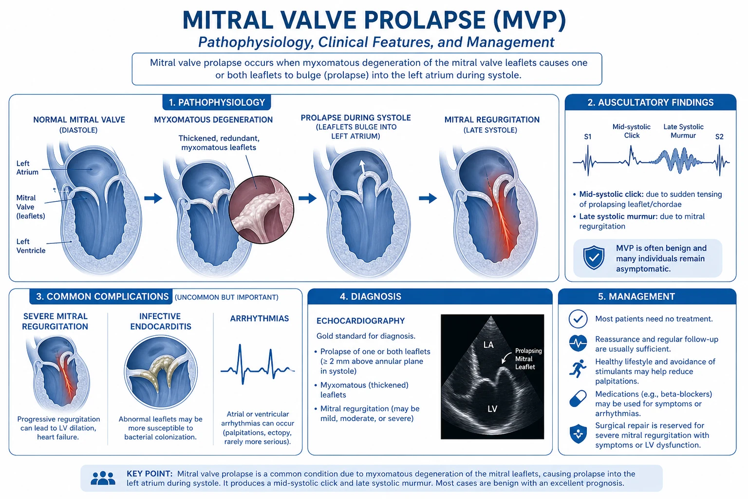 Mechanism infographic of mitral valve prolapse showing myxomatous leaflet degeneration, chordal elongation with rupture, annular dilatation, mitral annular disjunction and traction-induced inferolateral myocardial fibrosis