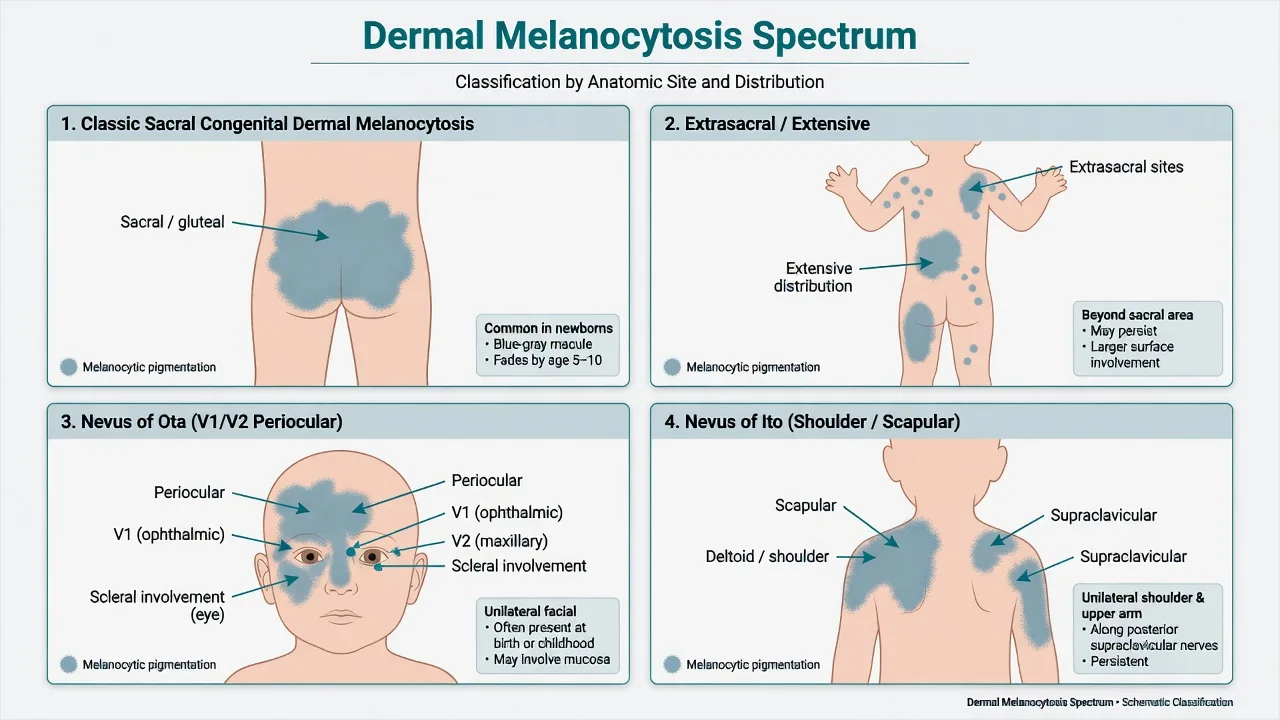 Four-panel spectrum of dermal melanocytosis: classic sacral, extrasacral extensive, nevus of Ota, nevus of Ito