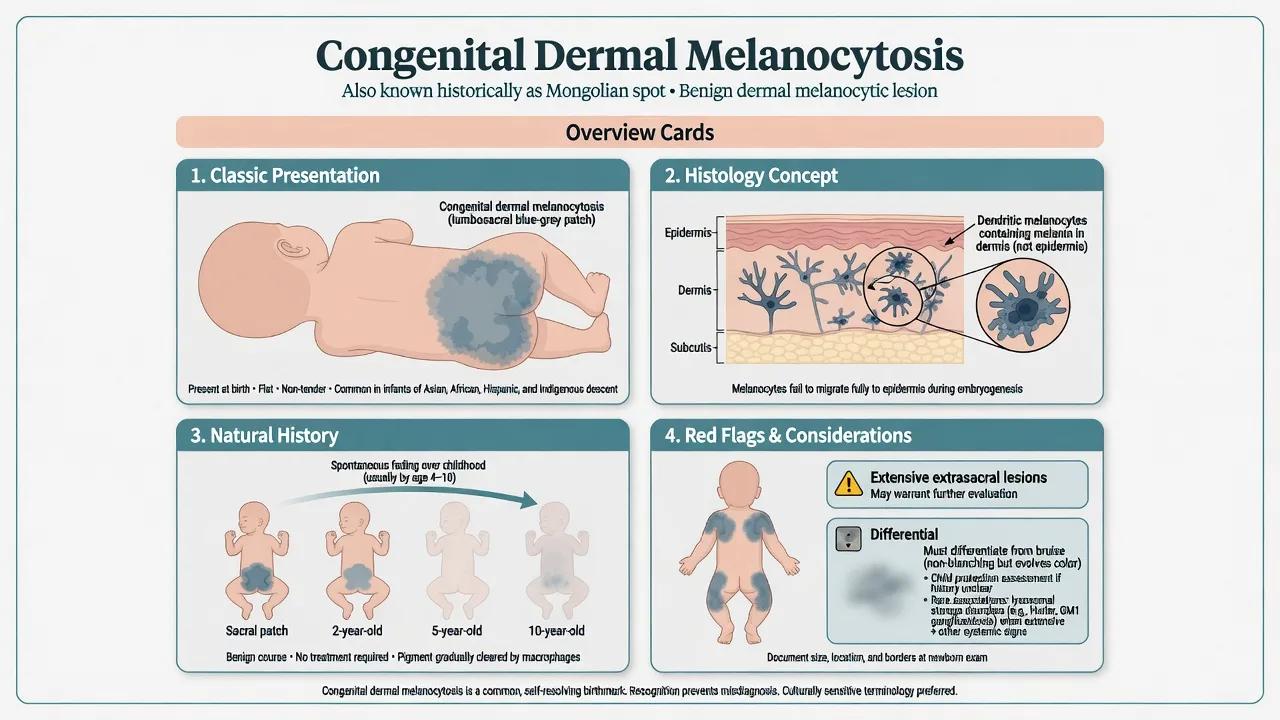 Educational overview of congenital dermal melanocytosis showing classic sacral patch, dermal melanocyte concept, fading natural history and red flags