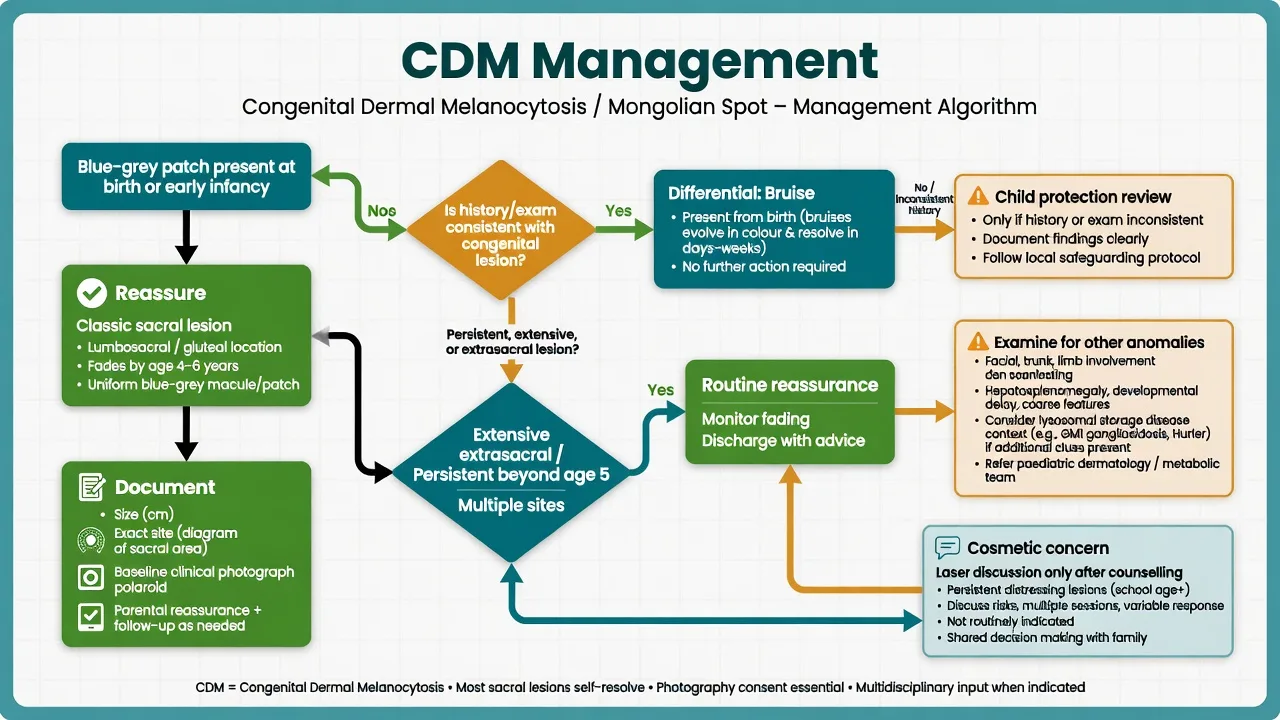 Management algorithm for congenital dermal melanocytosis from reassurance of classic sacral lesions to extrasacral and safeguarding branches
