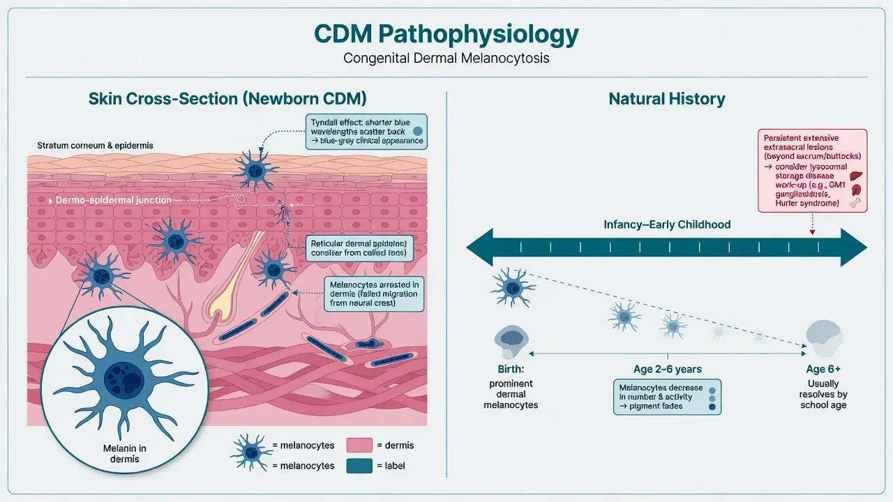 Skin cross-section showing dermal melanocytes and Tyndall blue-grey colour with childhood fading timeline