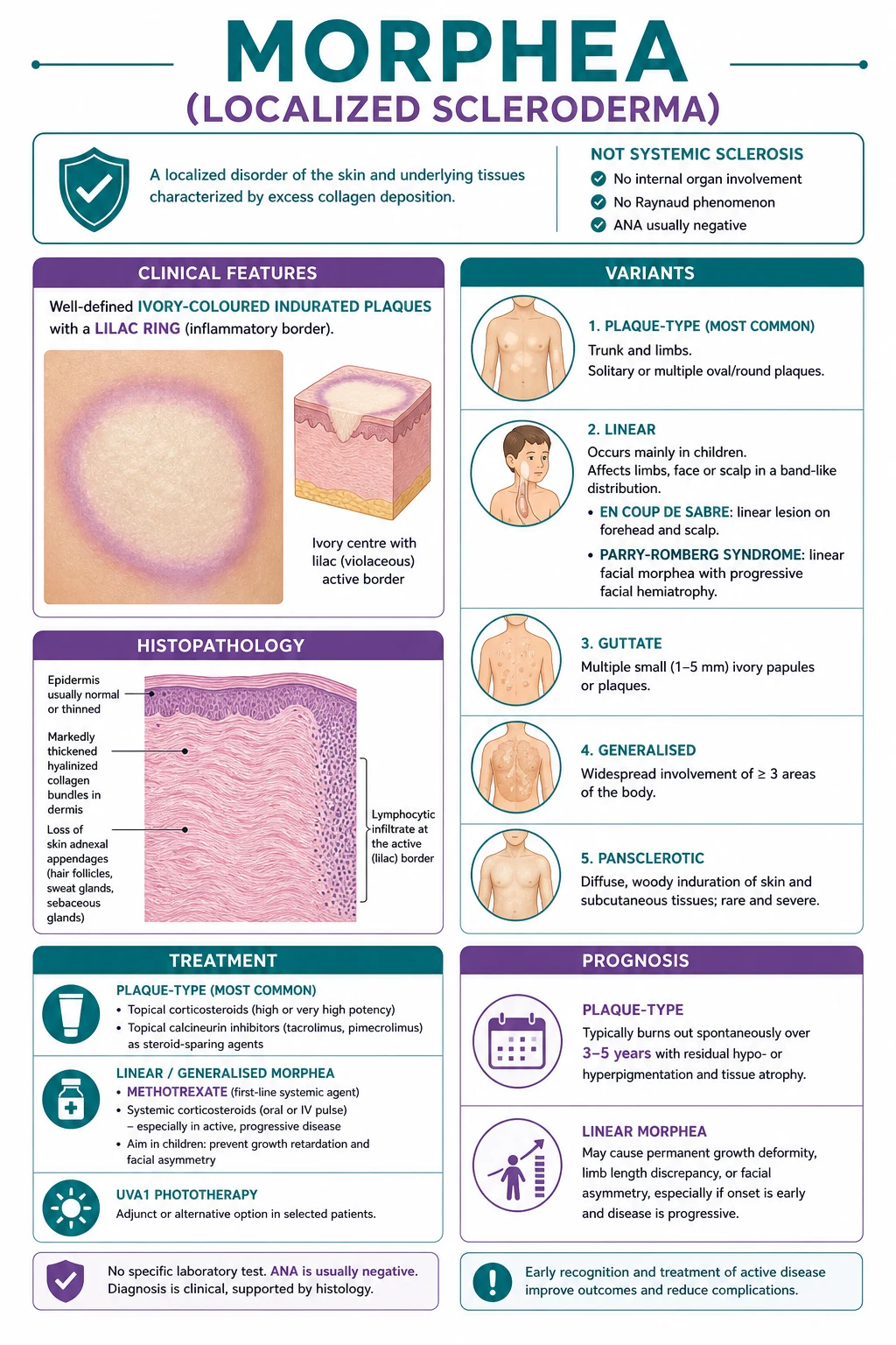 Plaque-type morphea: ivory-coloured indurated plaques with a violaceous lilac inflammatory ring on the trunk; no internal organ involvement unlike systemic sclerosis