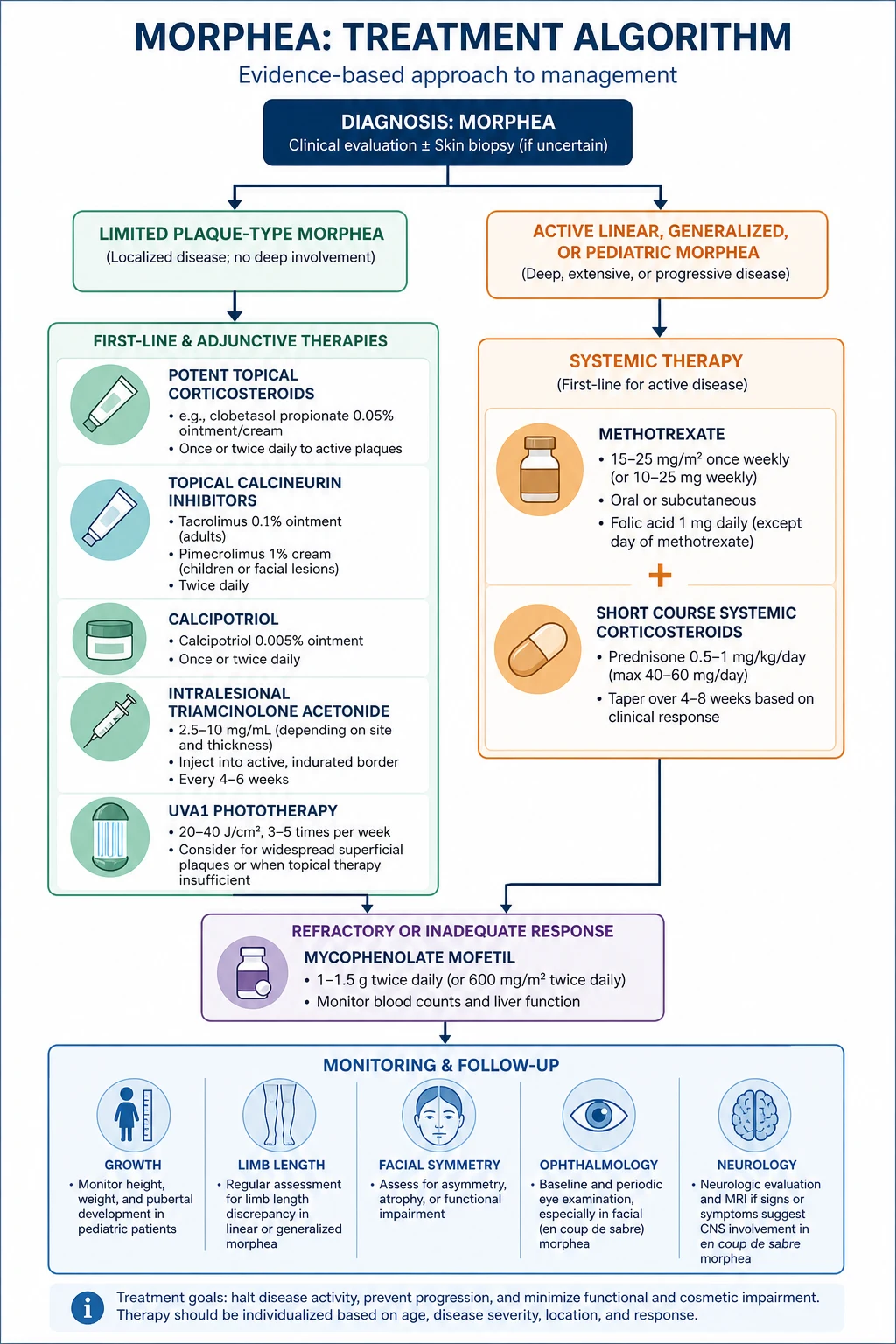Treatment ladder for morphea: plaque-type limited disease treated with topical clobetasol, calcipotriol, or tacrolimus plus phototherapy (UVA1 or narrowband UVB); active linear, generalised, or deep disease treated first-line with systemic methotrexate plus corticosteroids; physiotherapy for contractures; surgery only after disease is inactive; monitor children for growth deformity