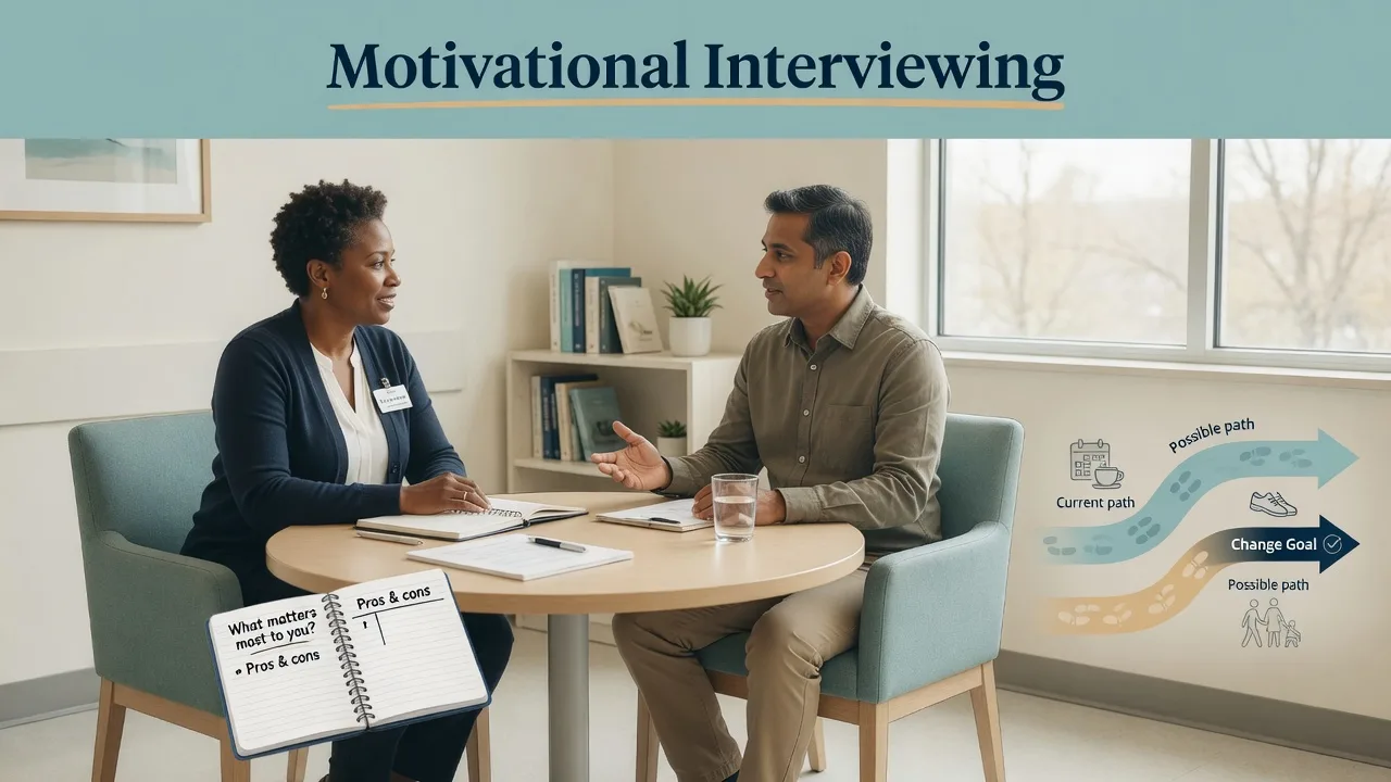 Collaborative motivational interviewing consultation with clinician and patient at eye level exploring a shared change goal
