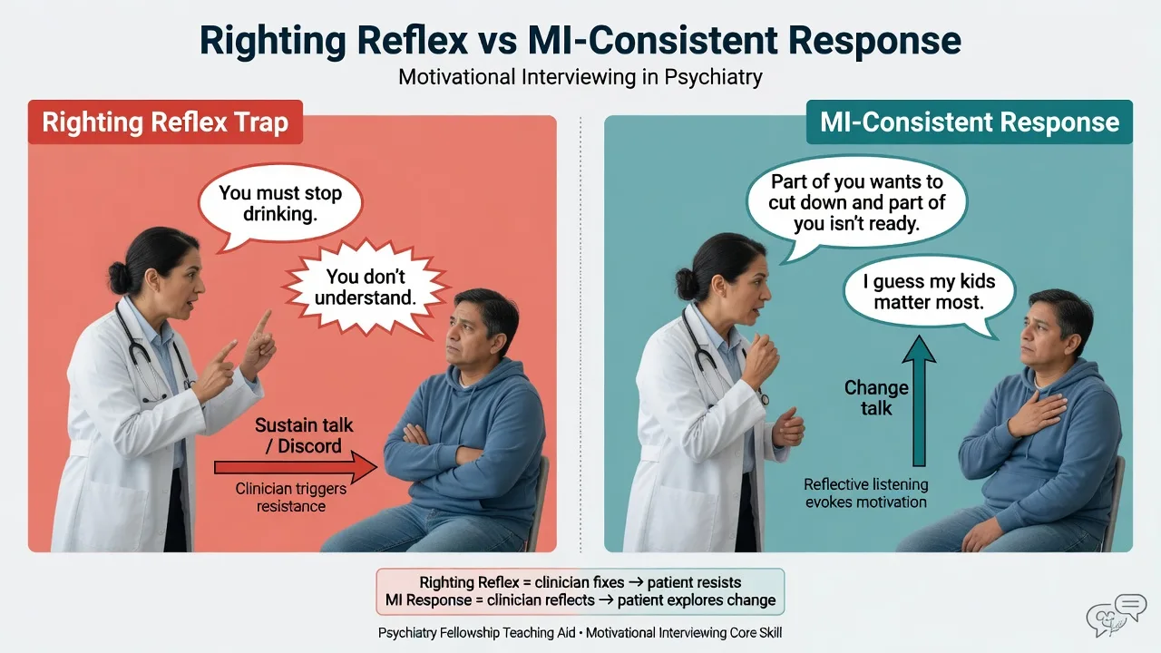 Split diagram comparing righting reflex confrontation that produces sustain talk versus reflective MI that evokes change talk