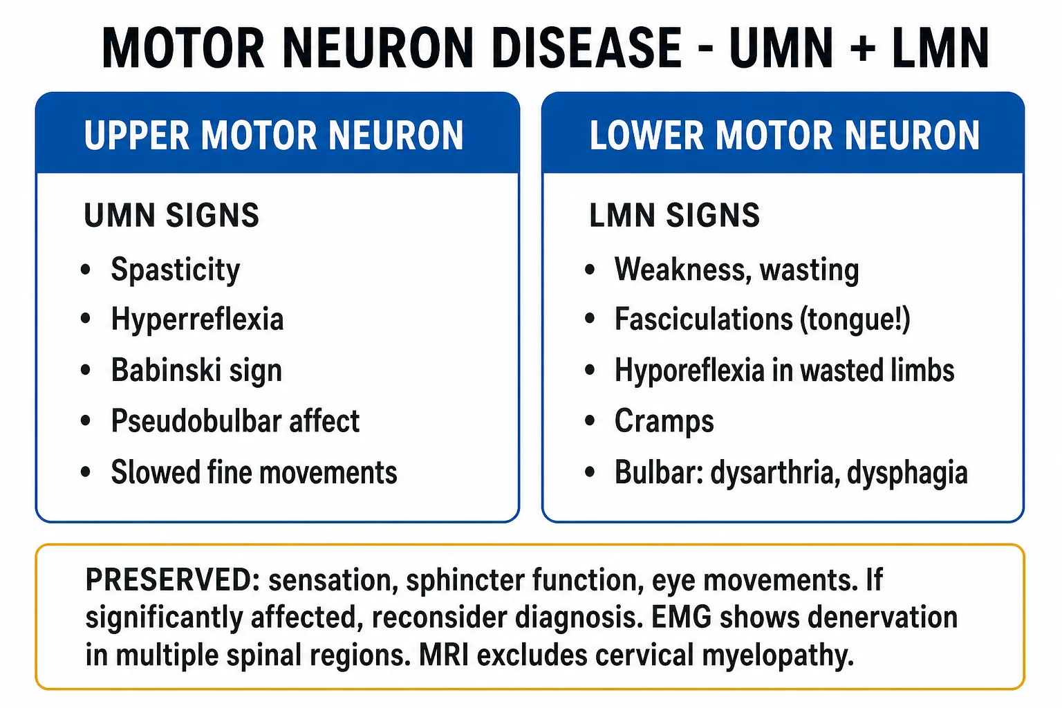 Clean two-column infographic of MND UMN+LMN features and the major subtypes
