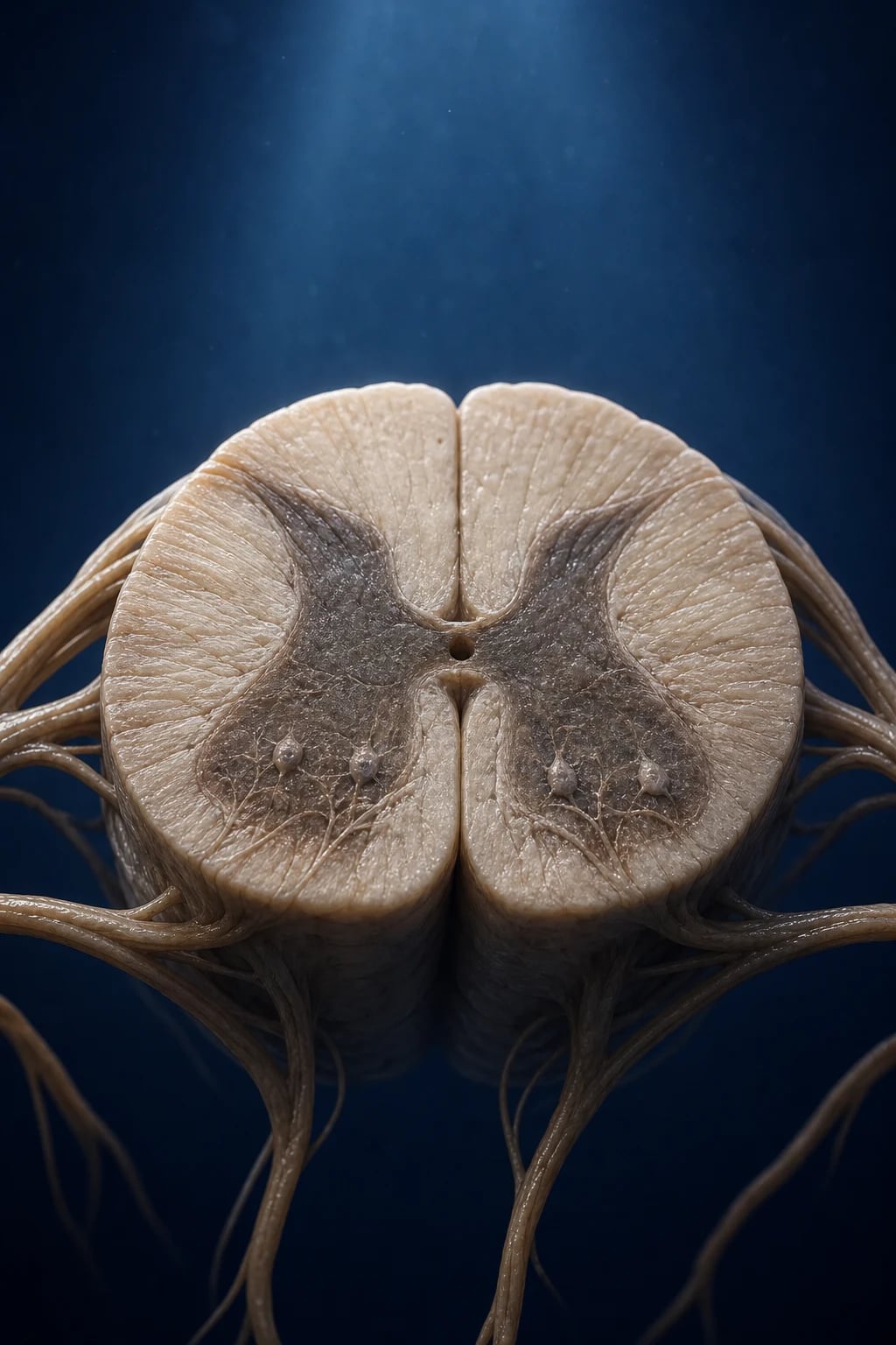 Cinematic 3D anatomical illustration of motor neurons (corticospinal tract and anterior horn cells) with degenerating segments, against a deep navy background