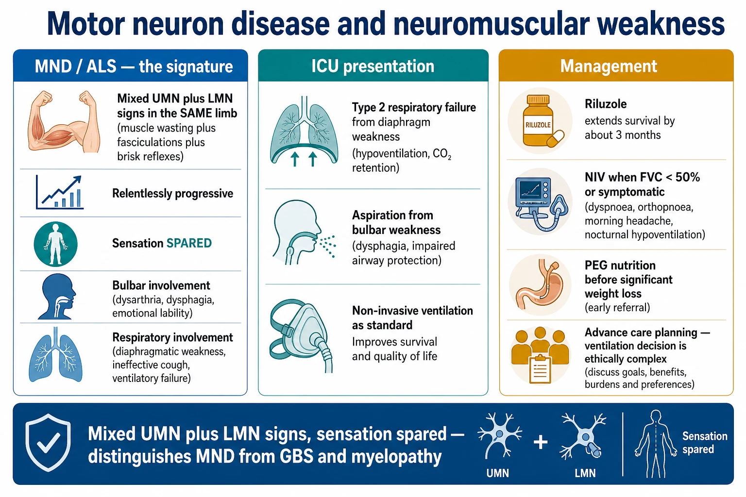 Infographic of ALS pathogenesis showing glutamate excitotoxicity, TDP-43 aggregation, mitochondrial dysfunction and the genetics of familial ALS