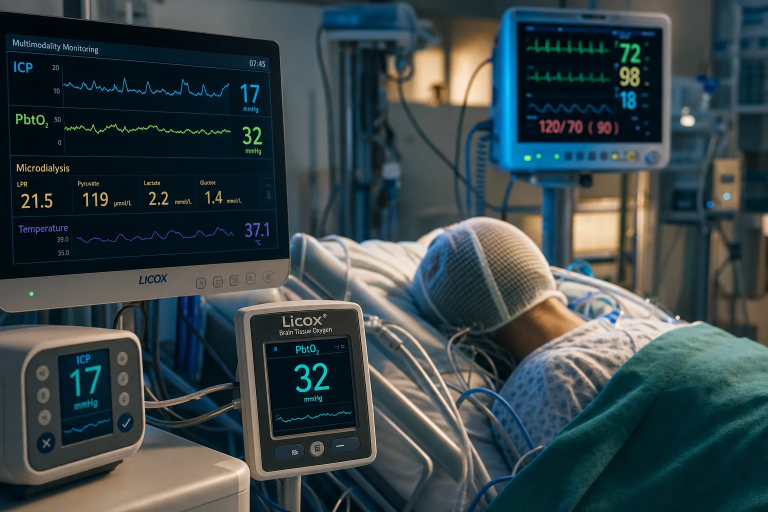 Cinematic ICU scene of a severe head-injury patient with an external ventricular drain and an intraparenchymal bolt, a LICOX brain-tissue-oxygen probe, a cerebral microdialysis trace and a continuous EEG at the bedside, clinical-blue lighting, medical educational, no faces, no text