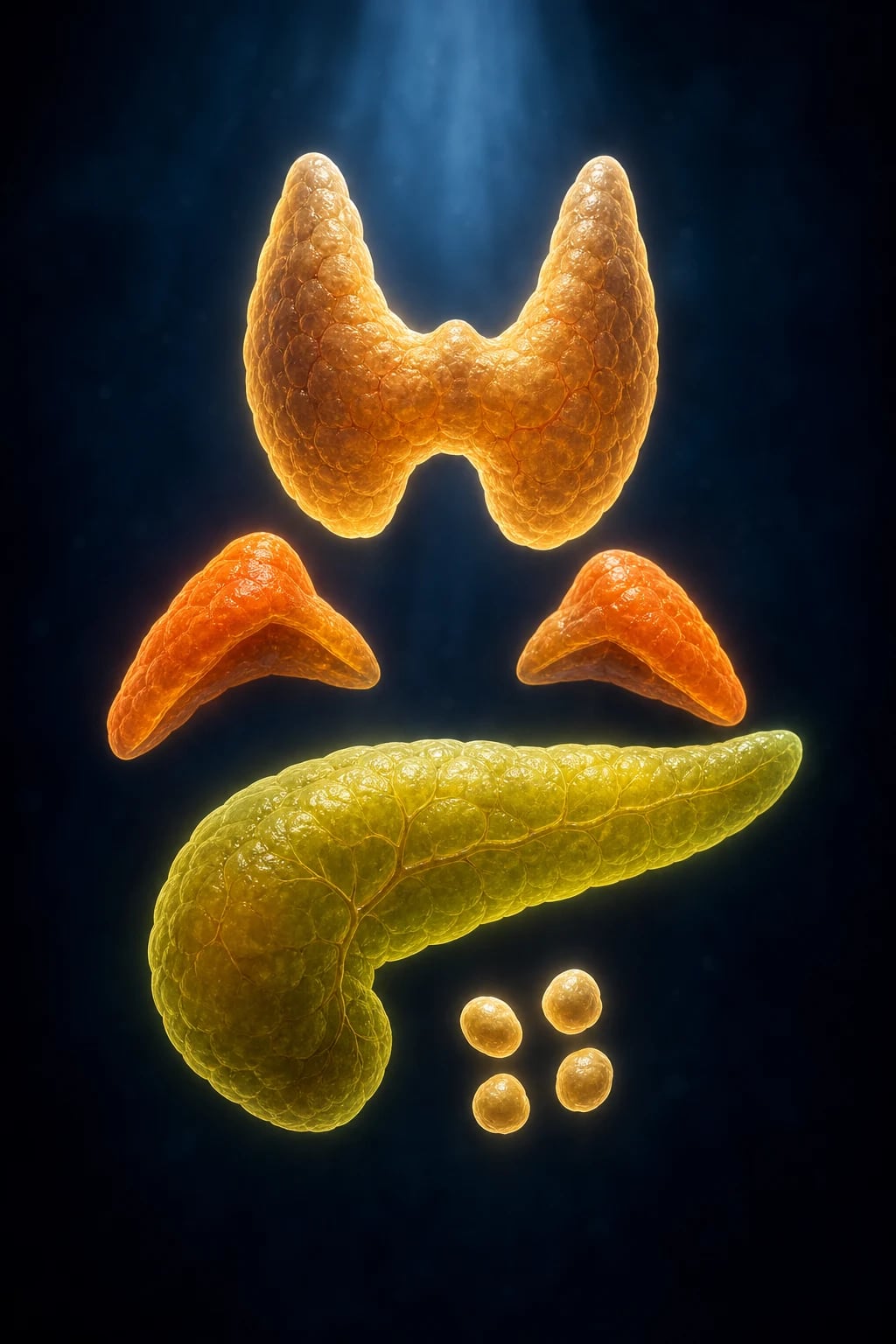 Cinematic 3D render of multiple glowing endocrine glands - thyroid, parathyroid, pituitary, pancreas and adrenal - clustered against a deep navy background