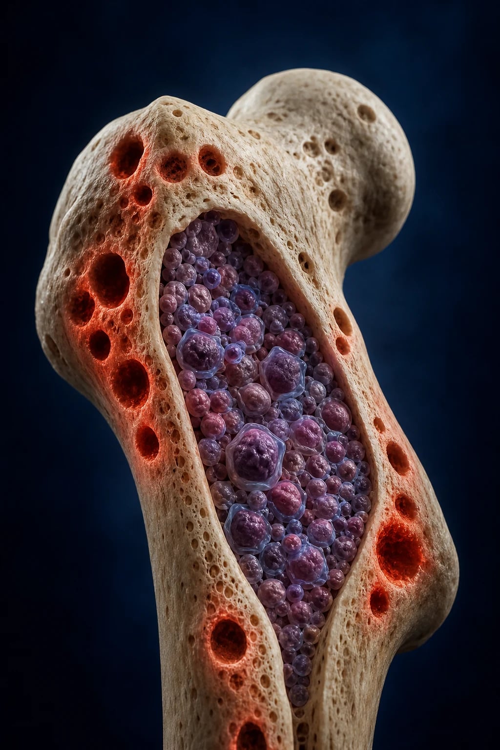 Cinematic 3D anatomical illustration of bone marrow with abnormal plasma cells and lytic bone destruction, deep navy background