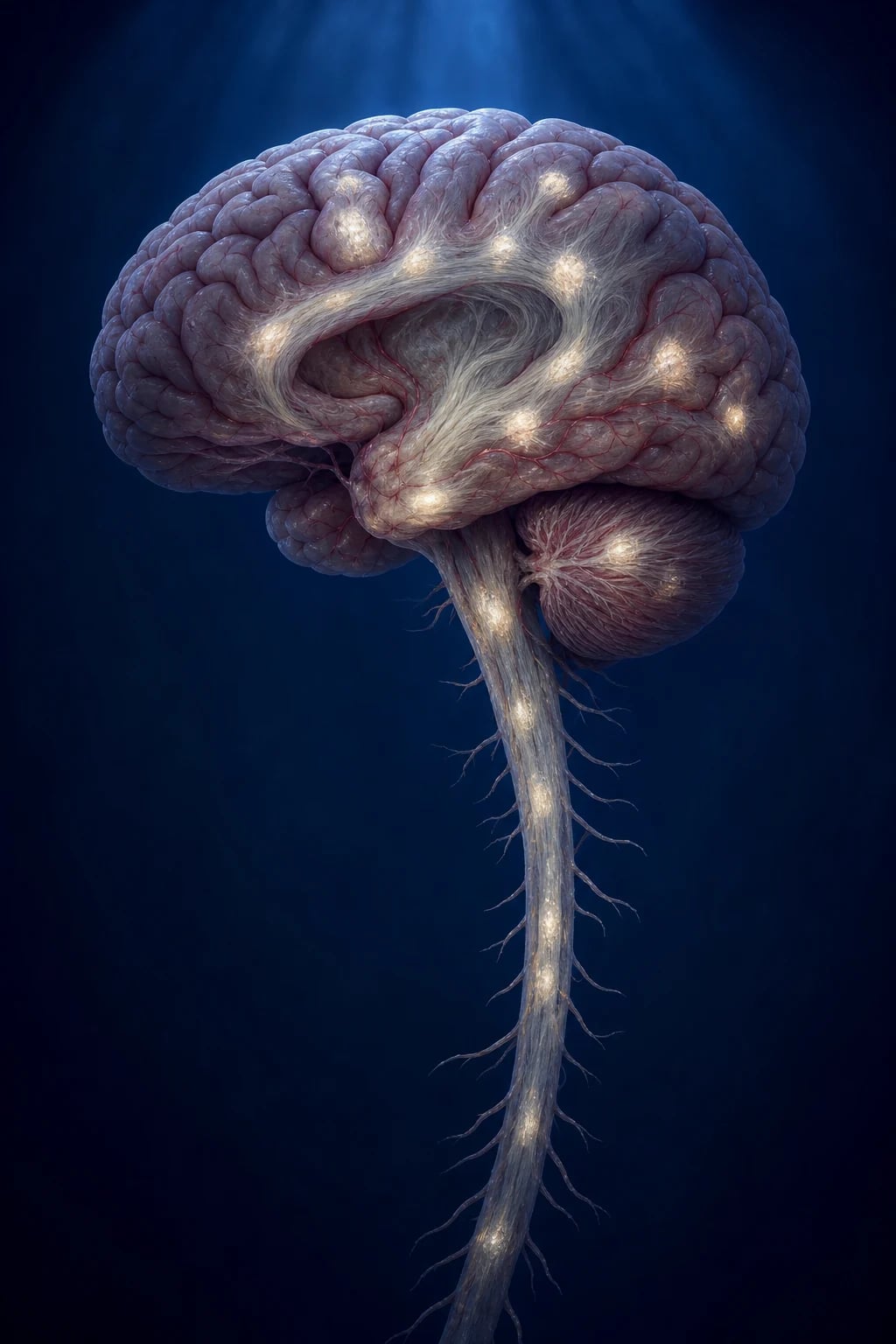 Stylised illustration of the brain and spinal cord showing scattered periventricular demyelinating plaques, with autoreactive lymphocytes crossing a disrupted blood-brain barrier and attacking the myelin sheath