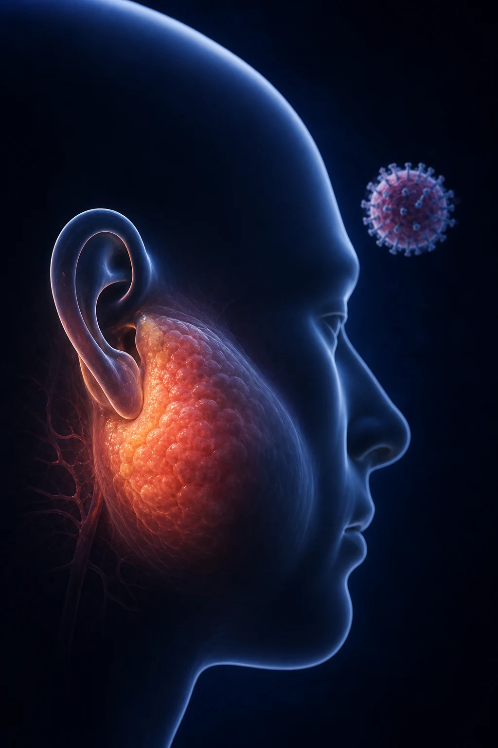 Cinematic 3D close-up of a face with a swollen cheek and jaw angle due to an enlarged parotid gland lifting the ear lobe, with a small paramyxovirus particle nearby, against a deep navy background