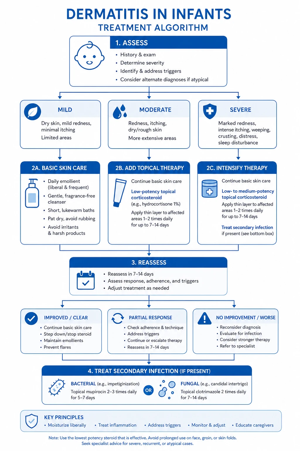 Treatment algorithm for nappy dermatitis: prevention first, barrier creams, then mild steroid or antifungal by pattern