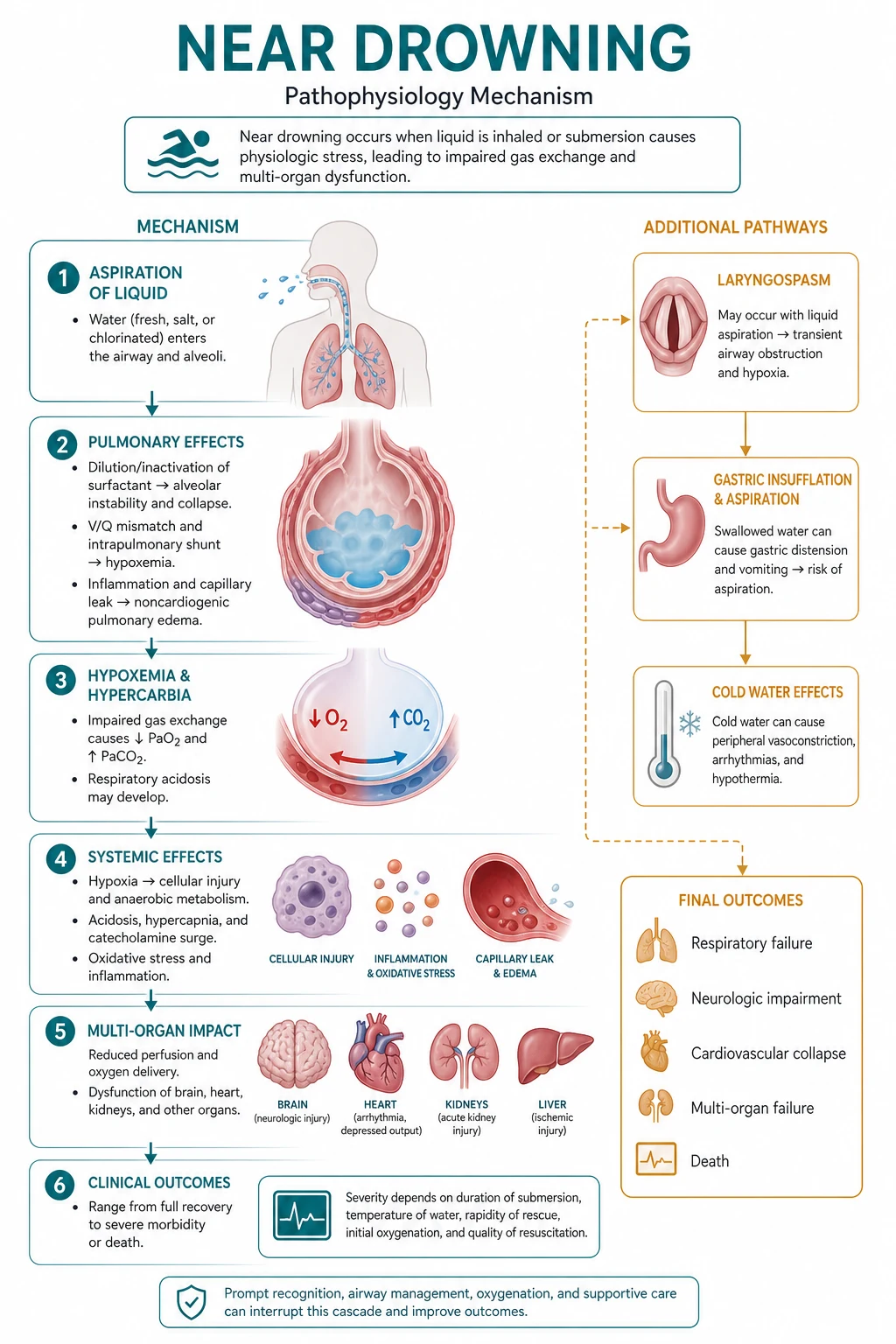 Pathophysiology of drowning lung injury: laryngospasm, aspiration, surfactant washout, non-cardiogenic pulmonary oedema and ARDS pathway