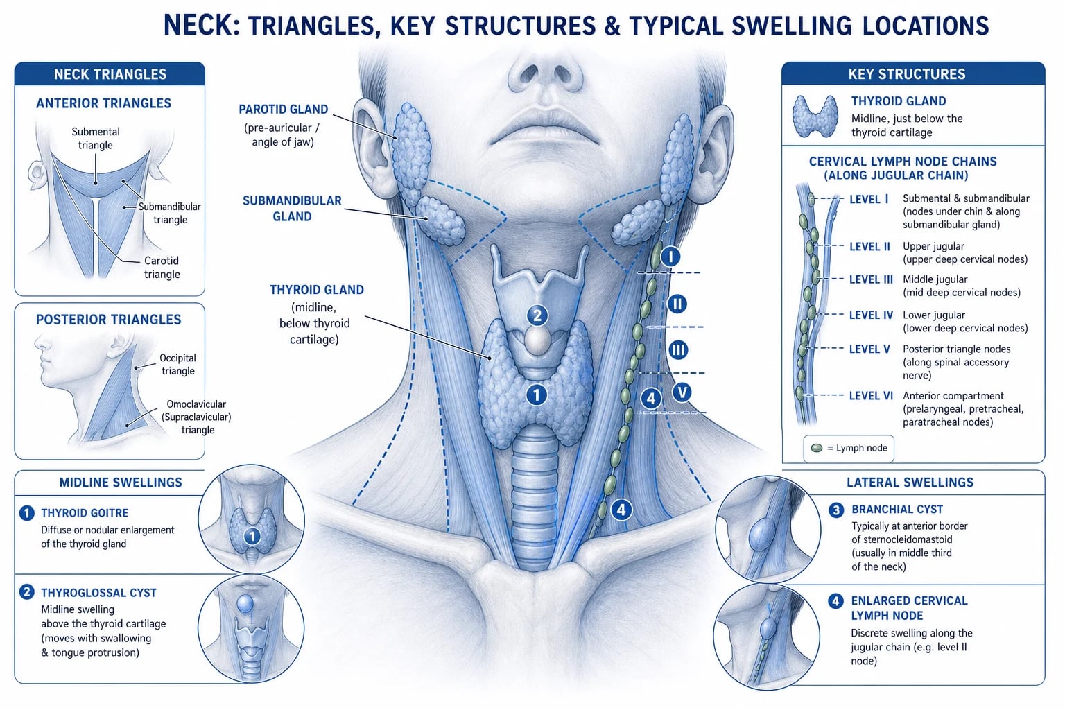 Neck anatomy showing swelling locations and key structures.