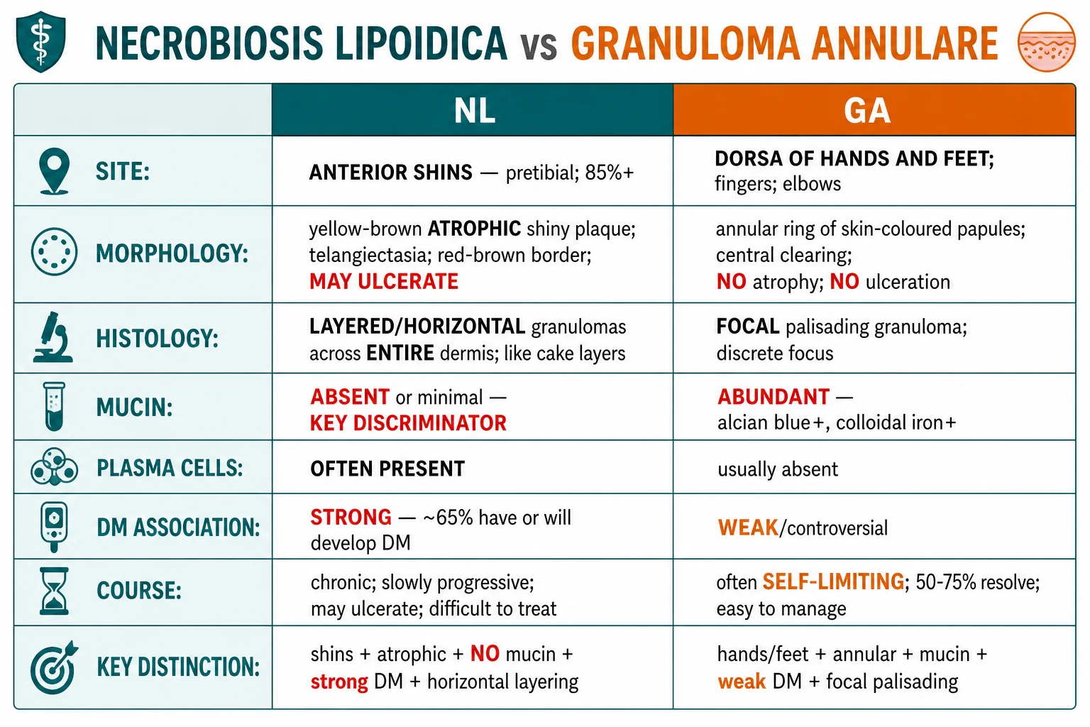 Educational comparison of necrobiosis lipoidica and granuloma annulare by site morphology histology mucin plasma cells diabetes association and course