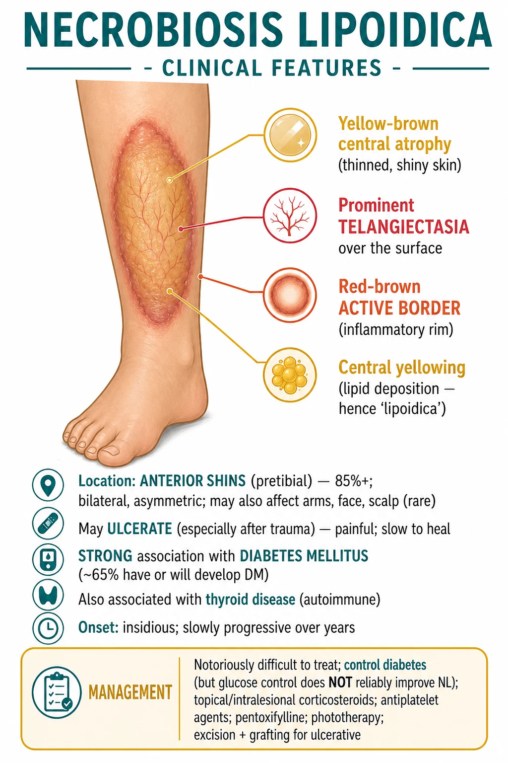 Educational illustration of necrobiosis lipoidica showing a yellow-brown atrophic telangiectatic plaque with violaceous active border on the anterior shin