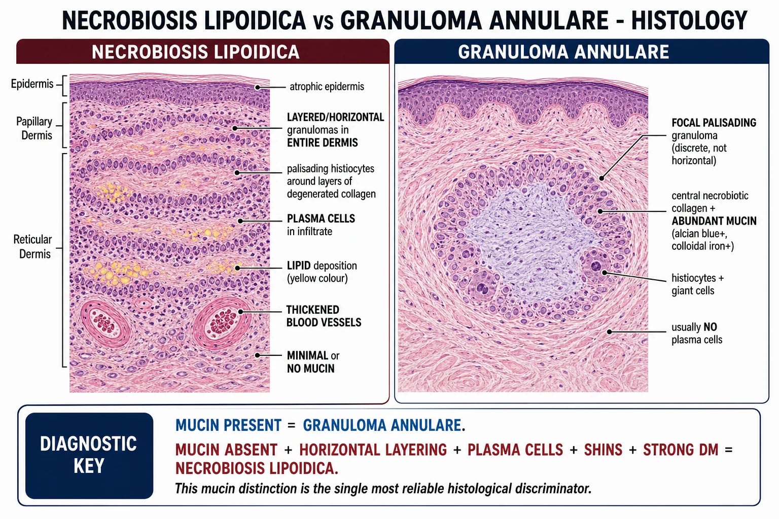 Educational histology comparison of necrobiosis lipoidica and granuloma annulare showing layered granulomas, necrobiotic collagen, plasma cells, vascular thickening and little mucin in NL
