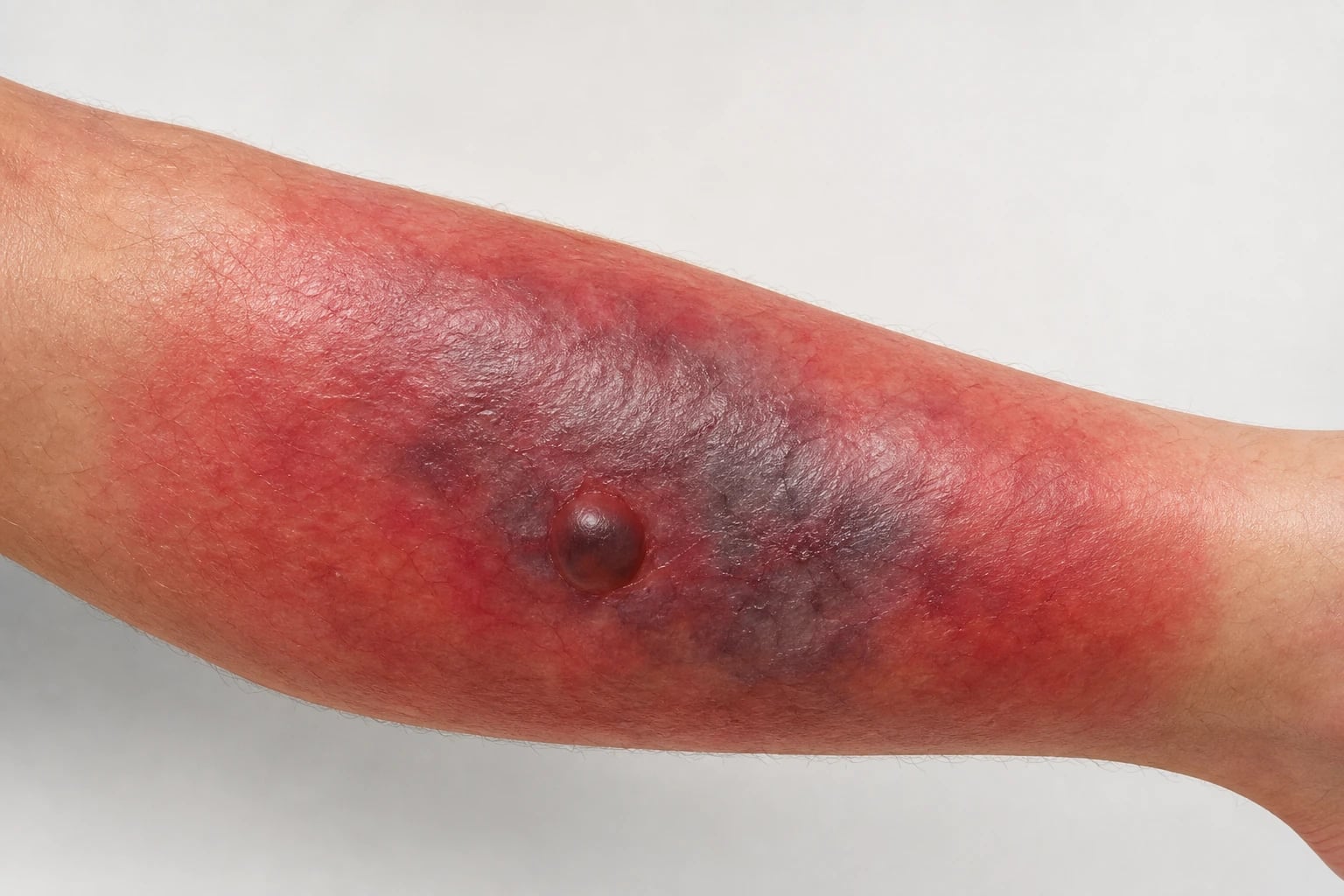 Clinical photograph showing necrotising fasciitis with purple-grey discoloration, haemorrhagic bullae and areas of full-thickness necrosis on a limb