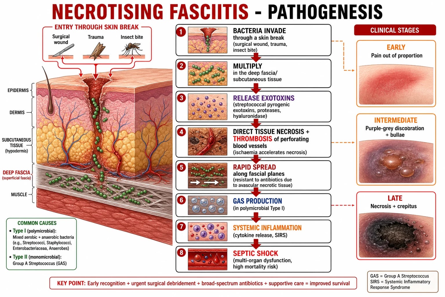 Mechanism: bacterial entry through skin break → toxin release → tissue necrosis + thrombosis of perforating vessels → rapid fascial spread → gas production → systemic sepsis