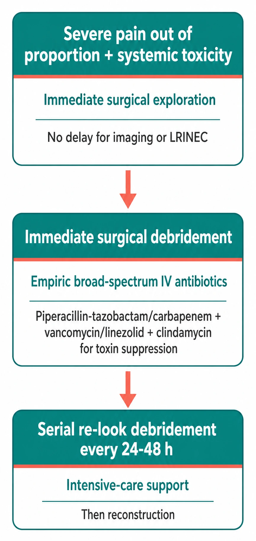 NF management algorithm: clinical suspicion → urgent surgical debridement + broad-spectrum antibiotics + ICU support → repeat debridement daily → clindamycin for toxin + IVIG for streptococcal toxic shock