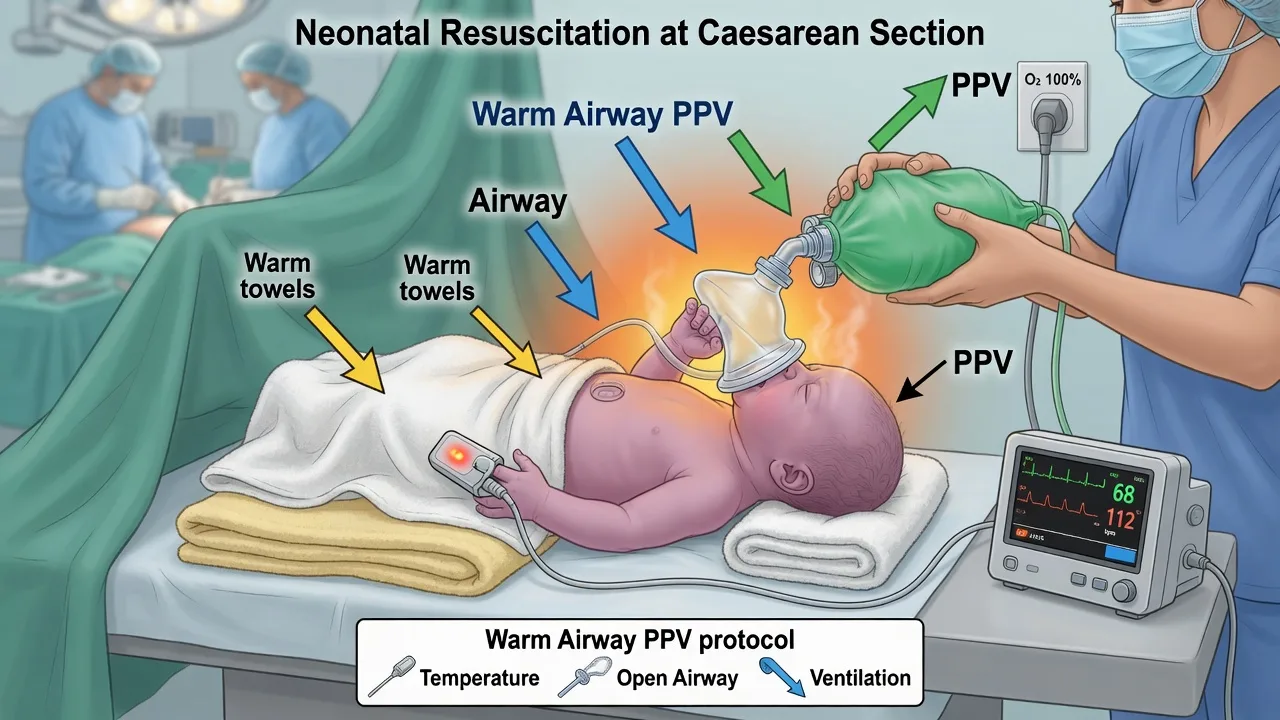 Neonatal resuscitation educational illustration for anaesthetists
