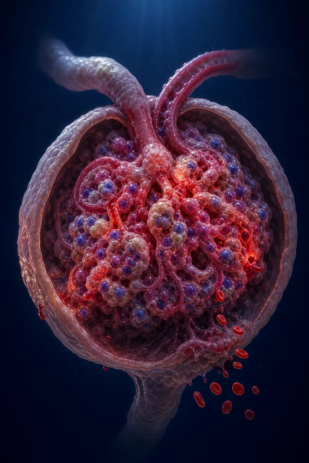 Cinematic 3D close-up of an inflamed, hypercellular glomerulus with red-cell leak, against a deep navy background
