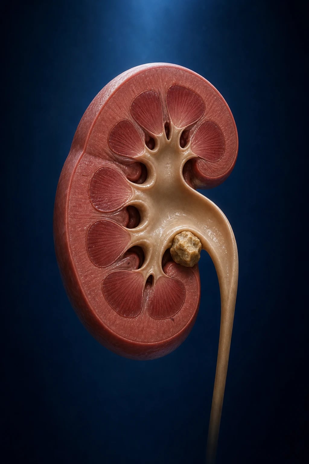 Cinematic 3D anatomical illustration of a kidney with a spiky stone lodged in the upper ureter against a deep navy background