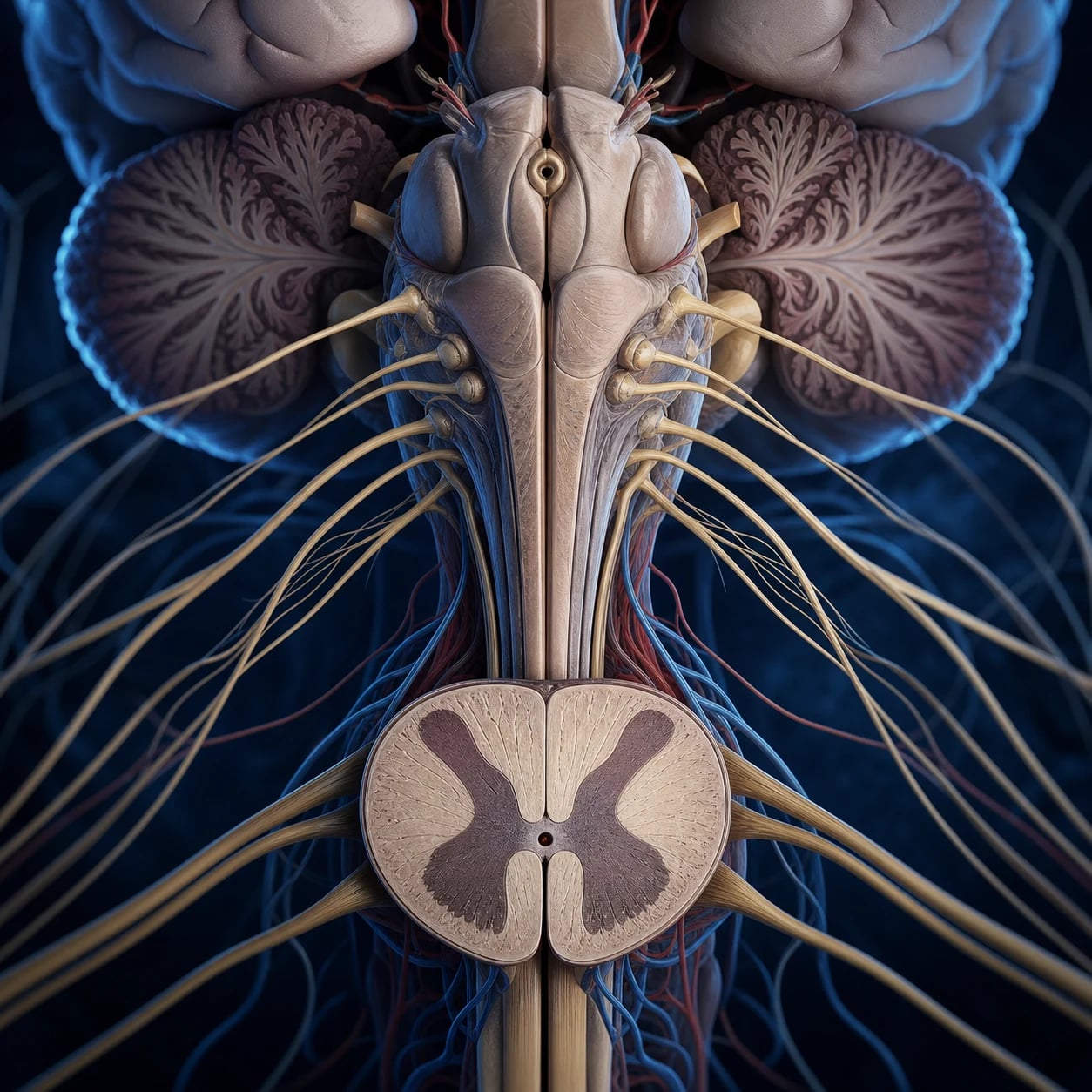 Medical infographic on white clinical-blue, flat vector, crisp typography. Brainstem midbrain CN III-IV, pons V-VIII, medulla IX-XII and respiratory centres. Brainstem reflexes pupillary II-III, corneal V-VII, gag IX-X, oculocephalic VIII and III-IV-VI. Cord tracts corticospinal crosses medulla, spinothalamic crosses at level, dorsal columns medulla. Anterior spinal artery anterior two-thirds plus artery of Adamkiewicz. Banner reads 'Brown-Sequard: ipsilateral motor and proprioception, contralateral pain and temperature'.