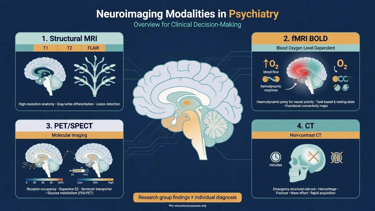 Flowchart for structural neuroimaging decisions in psychiatry with red-flag pathway to urgent CT or MRI versus typical primary psychiatric syndrome without routine diagnostic scan