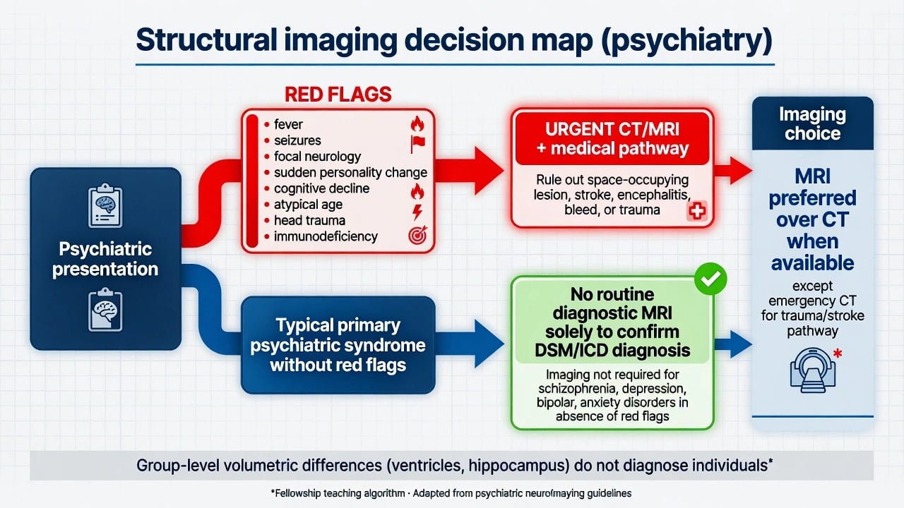 Educational infographic of neuroimaging modalities in psychiatry including structural MRI, fMRI BOLD, PET SPECT occupancy and CT emergency rule-out with note that group findings are not individual diagnoses