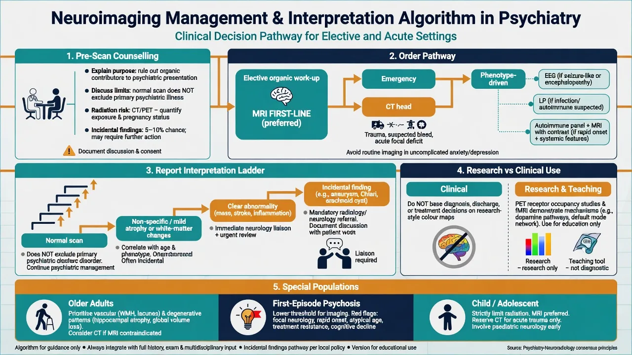 Management algorithm for neuroimaging in psychiatry covering pre-scan counselling order pathway report interpretation research versus clinical use and special populations