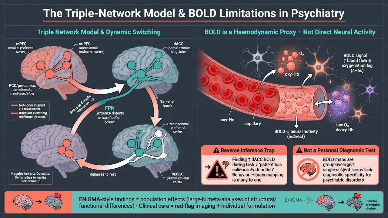 Educational diagram of triple network model default mode salience and frontoparietal networks with BOLD haemodynamic proxy warning and reverse inference trap labels
