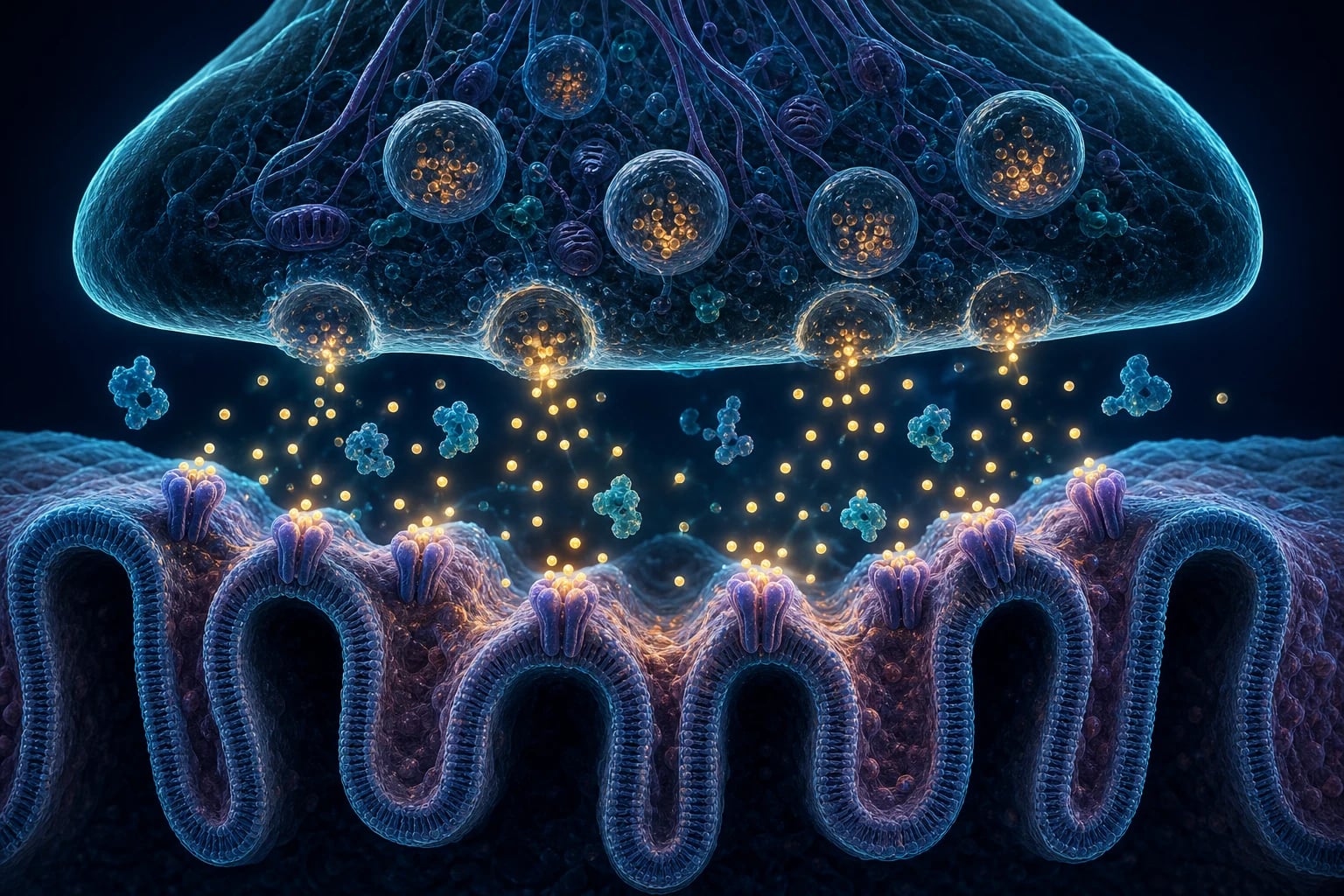 A cinematic medical illustration of the neuromuscular junction: a motor nerve terminal releasing acetylcholine vesicles across the synaptic cleft onto the folded motor end-plate studded with nicotinic receptors, on a deep navy background with volumetric teal light.