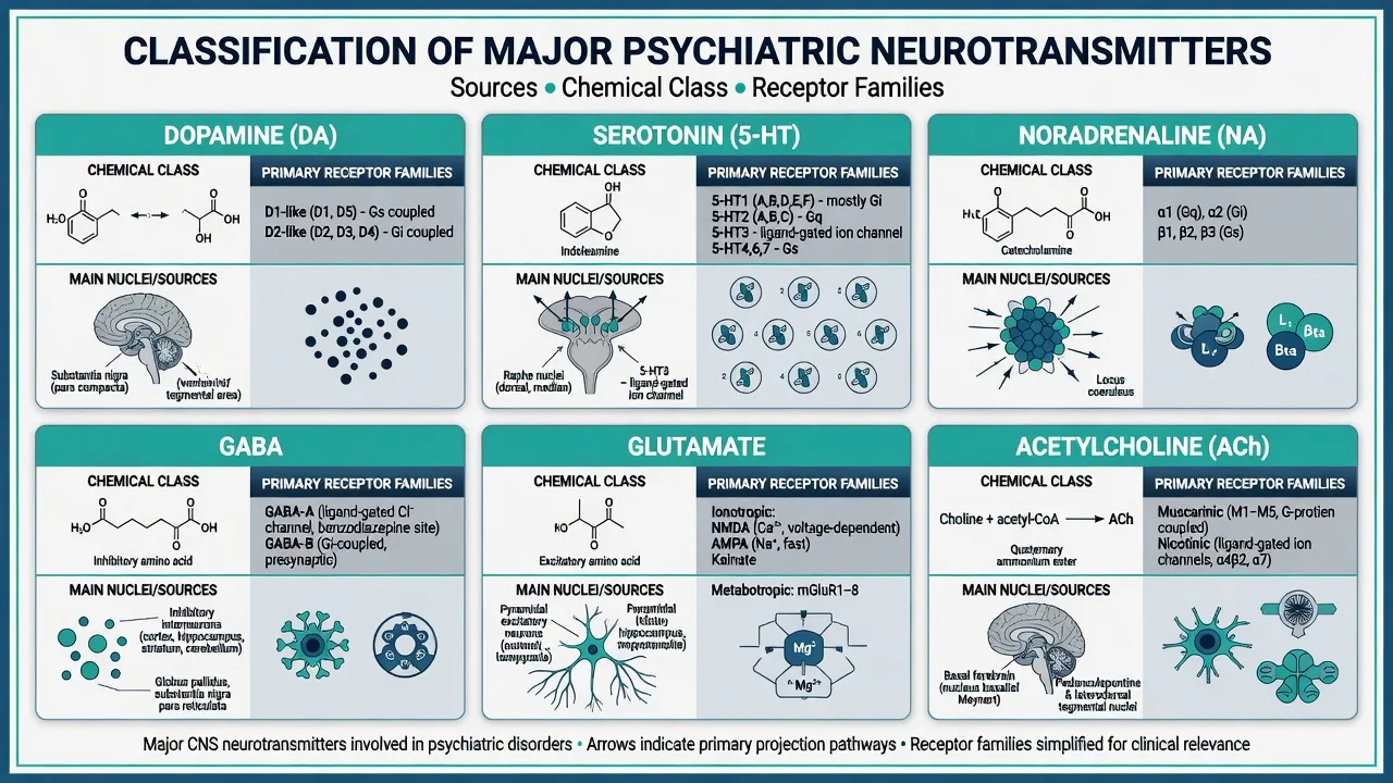Six-panel classification of DA 5-HT NA GABA glutamate and ACh systems