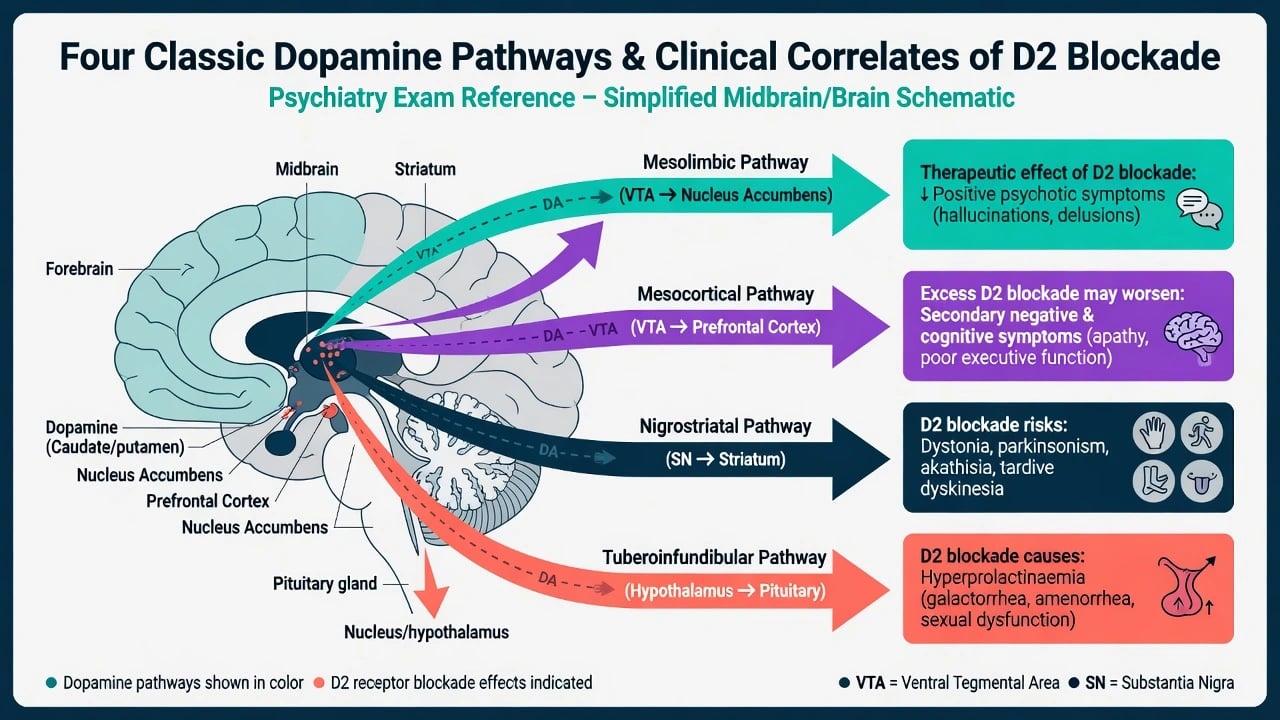 Four dopamine pathways with clinical correlates of D2 blockade