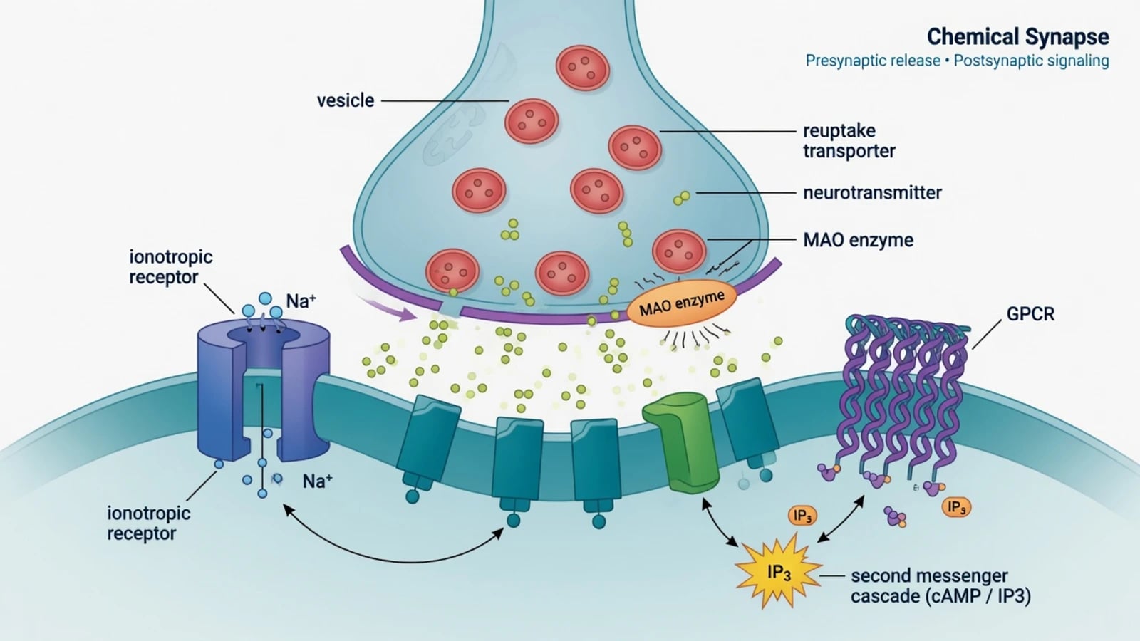 Labeled chemical synapse with ionotropic and metabotropic receptors and second messengers