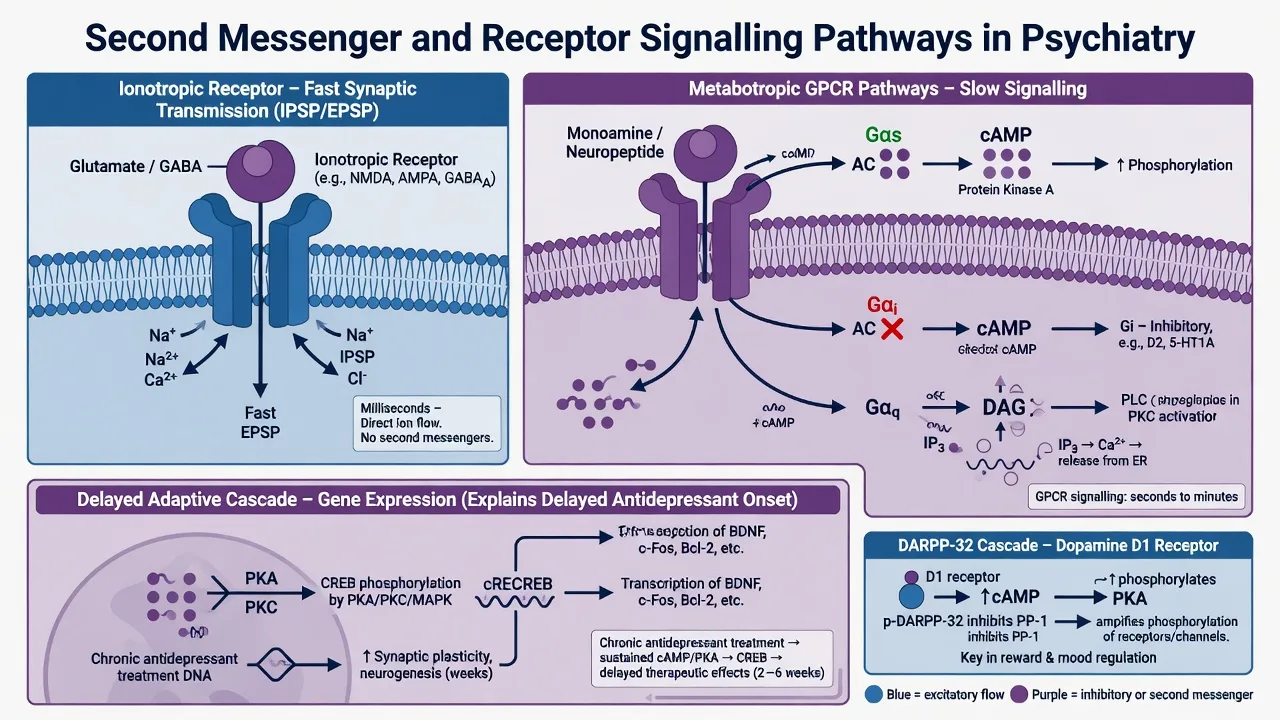 Ionotropic vs GPCR second messenger cascades and delayed adaptive gene expression