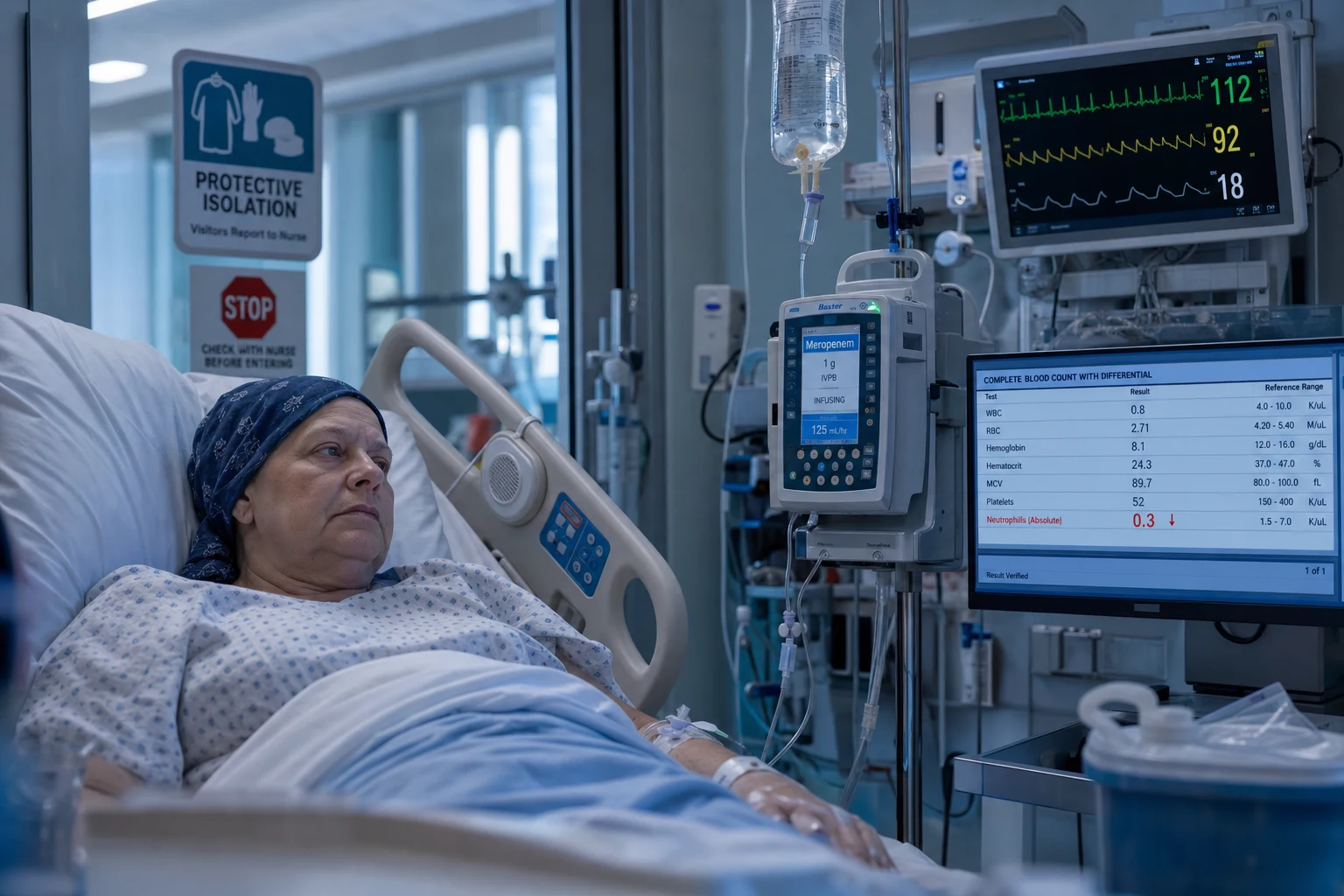 Cinematic ICU scene of a chemotherapy patient in a protective-isolation room, a broad-spectrum antibiotic infusion running, a blood-results screen showing a neutrophil count of 0.3, a cardiac monitor, clinical-blue lighting, an urgent serious mood