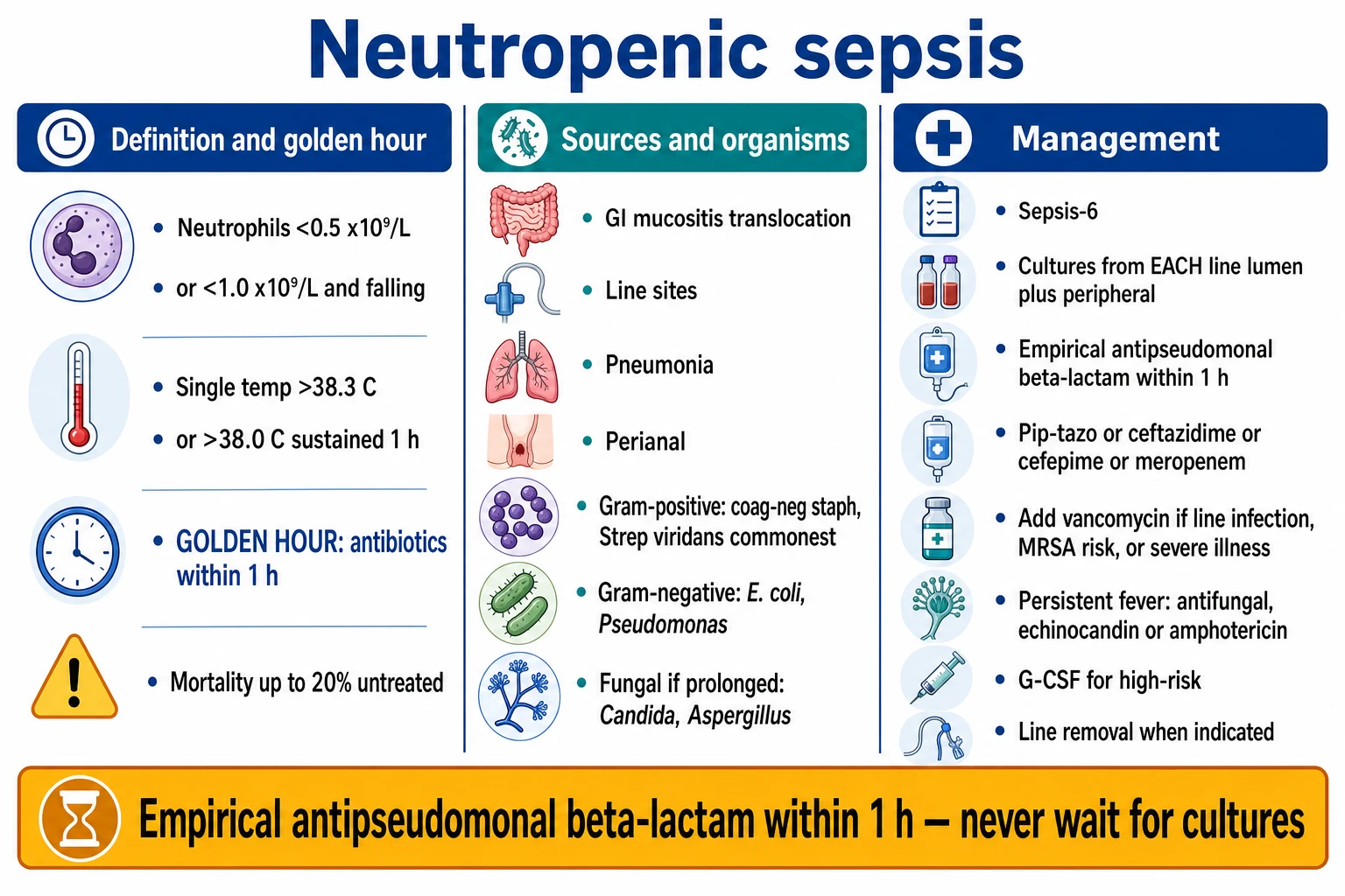 Three-panel infographic on a white clinical-blue background: LEFT definition and golden hour (neutrophils under 0.5 or under 1.0 falling; single temp over 38.3 or over 38.0 sustained 1h; GOLDEN HOUR antibiotics within 1h; mortality up to 20 per cent untreated); CENTRE sources and organisms (GI mucositis translocation; line sites; pneumonia; perianal. Gram-positive commonest; Gram-negative E. coli/Pseudomonas; fungal Candida/Aspergillus prolonged); RIGHT management (sepsis-6 + cultures EACH line lumen + peripheral; empirical antipseudomonal beta-lactam within 1h pip-tazo/ceftazidime/cefepime/meropenem; + vancomycin if line/MRSA/severe; persistent fever antifungal echinocandin/amphotericin; G-CSF high-risk; line removal). Banner 'Empirical antipseudomonal beta-lactam within 1h — never wait for cultures'. Flat vector illustration, crisp typography.