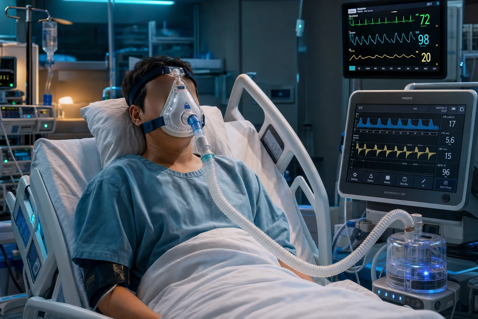 Cinematic ICU scene of a patient receiving bilevel non-invasive ventilation via a full-face mask, sitting upright at 45 degrees, a BiPAP machine beside the bed, a monitor showing a falling respiratory rate and improving oxygenation, clinical-blue lighting, no faces, no text