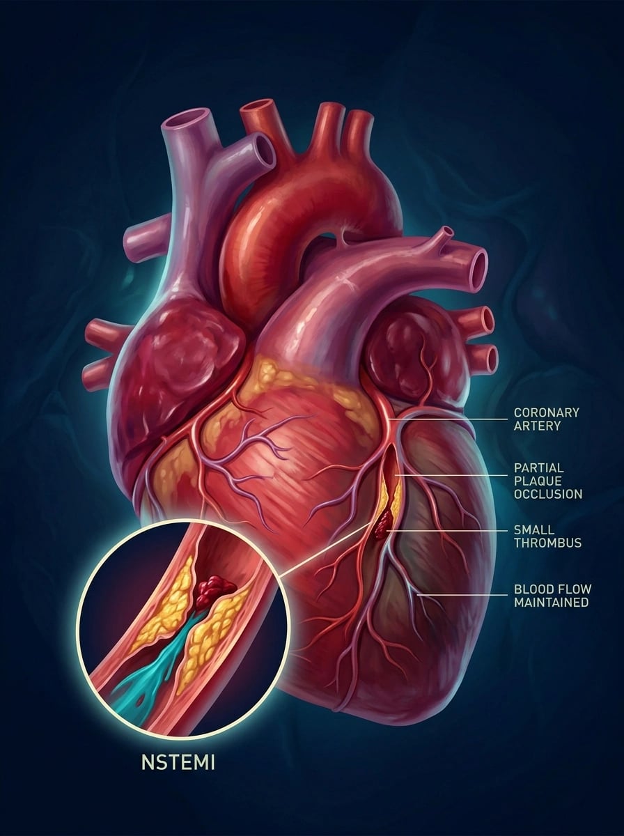 Cinematic 3D close-up of a partially disrupted coronary atherosclerotic plaque with a non-occlusive platelet-rich thrombus narrowing the lumen, myocardial ischaemia but viable tissue, deep navy medical background