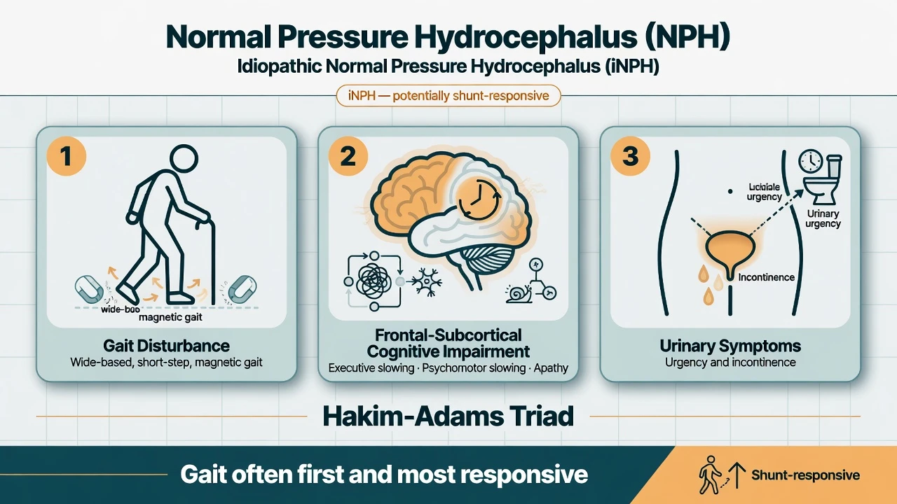 Educational triad diagram of NPH gait cognitive and urinary features