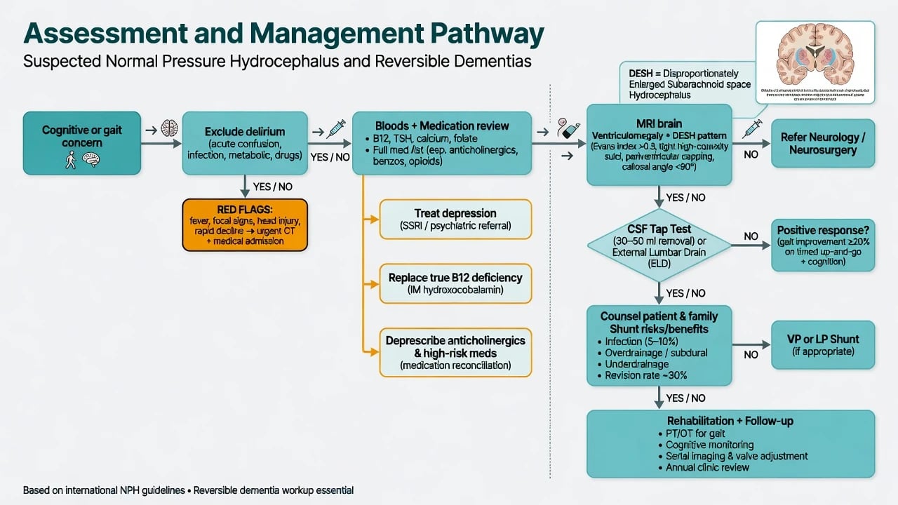 Flowchart of assessment and management for suspected NPH and reversible contributors
