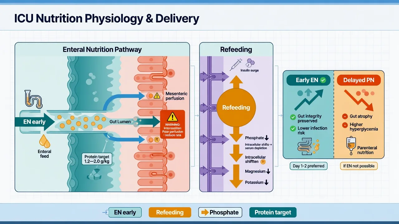 Educational schematic of ICU nutrition: early enteral pathway through gut lumen, mesenteric perfusion caution, refeeding intracellular shifts of phosphate magnesium potassium, early EN versus delayed PN contrast