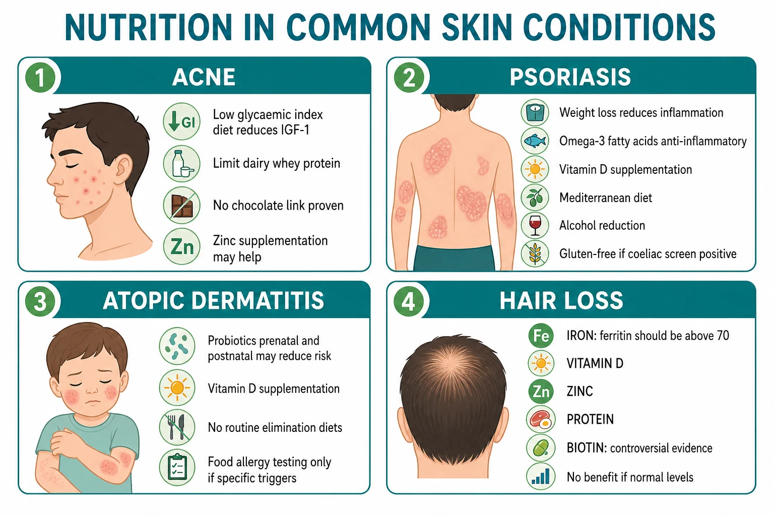 Acne improvement with low glycaemic index diet and reduced dairy, psoriasis improvement with weight loss omega-3 and Mediterranean diet and alcohol reduction, AD improvement with probiotics and vitamin D, hair loss improvement with iron ferritin above 70 zinc and vitamin D