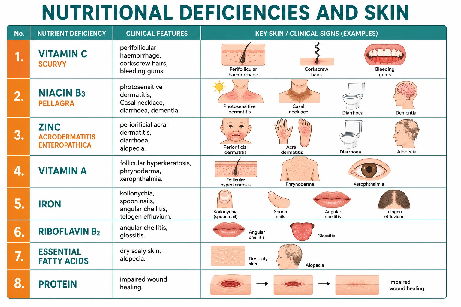 8 deficiency states with skin signs: scurvy with perifollicular haemorrhage, pellagra with Casal necklace, zinc with acrodermatitis enteropathica, vitamin A with phrynoderma, iron with koilonychia, B2 with angular cheilitis, EFA with scaly skin, protein with flaky paint
